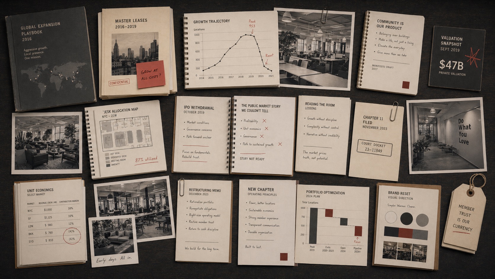 Premium editorial archive still-life of a WeWork collapse case with lease books, valuation cards, IPO withdrawal notes, restructuring memos, coworking floor plans, and brand reset documents