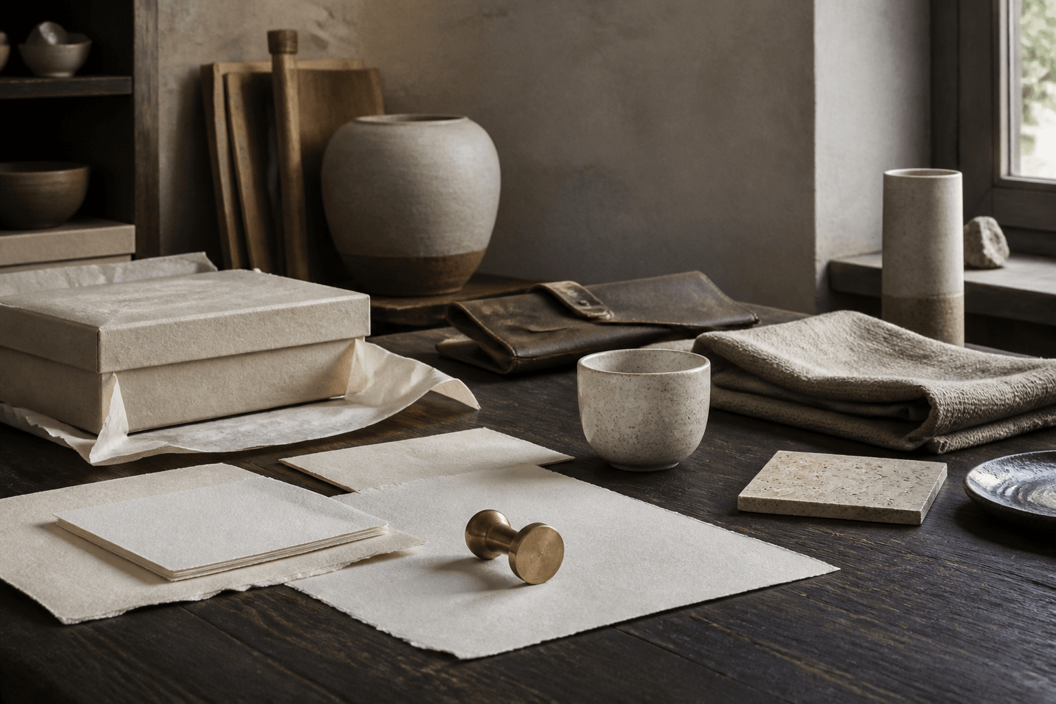 An unbranded product system of packaging, ceramics, textiles, materials, and a small maker stamp in a working atelier.