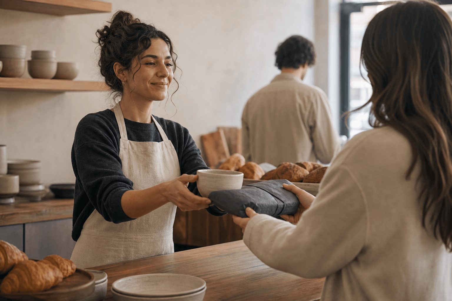 A bakery handoff where service, materials, product, and environment carry one coherent unbranded experience.