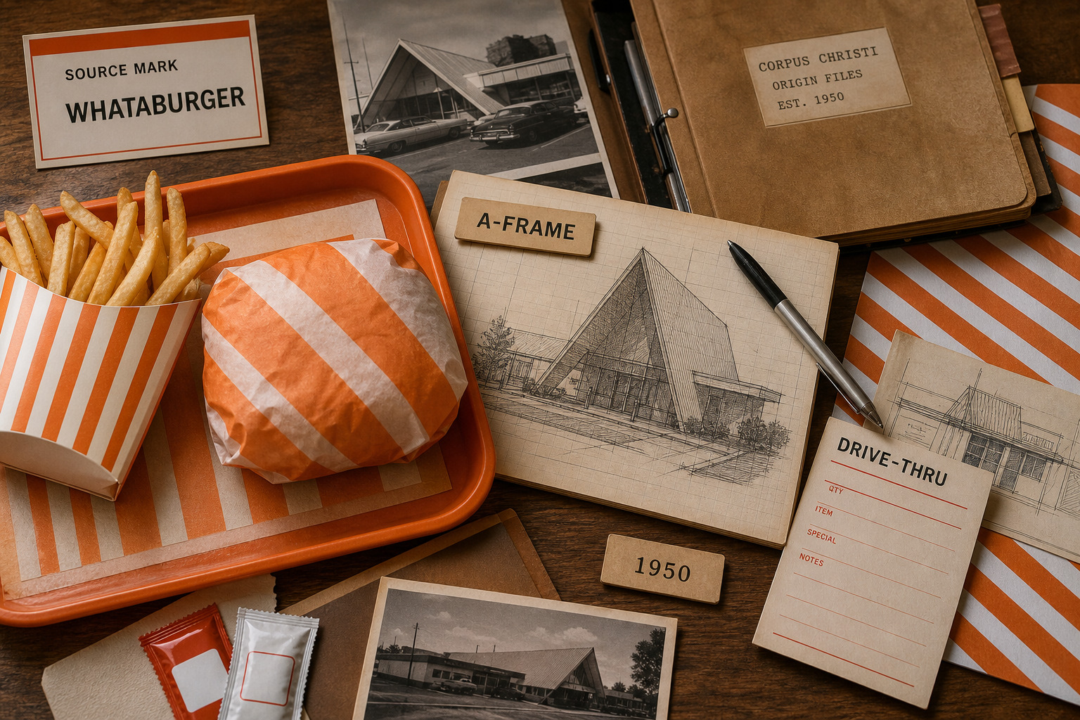 Premium editorial archive still-life of a Whataburger orange A-frame burger ritual case with orange and white stripe swatches, burger tray silhouette, order ticket, drive-thru lane card, A-frame roof study, ketchup packet shapes, Corpus Christi origin file, and 1950 card