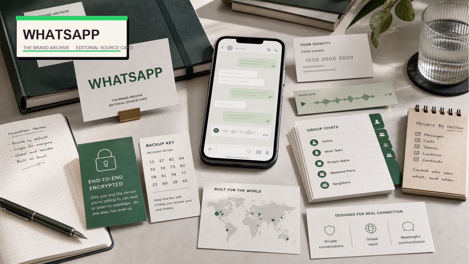 Premium editorial archive still-life of a WhatsApp private messaging encryption case with WhatsApp source-mark card, generic smartphone, abstract chat bubbles, phone-number identity cards, lock card, backup key card, voice-note waveform, group chat tabs, contact map, and privacy notes