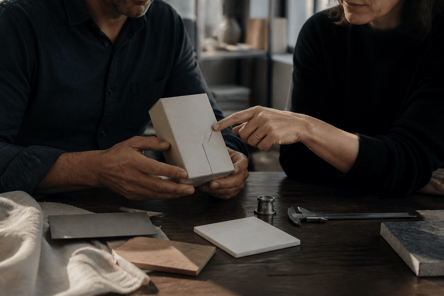 A founder and specialist inspecting an unbranded package prototype, material samples, and production tolerances.