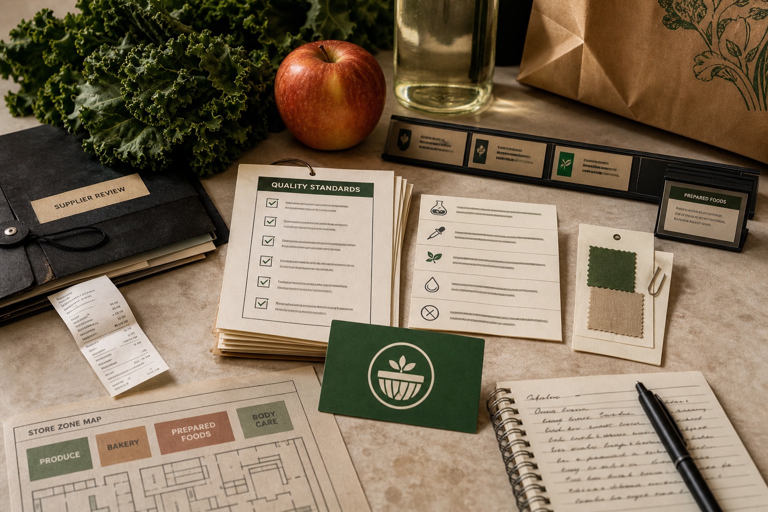 Premium editorial archive still-life of a Whole Foods Market grocery trust case with leafy greens, apple, paper bag, quality standards packet, supplier review folder, ingredient cards, shelf tags, and a green source-mark card