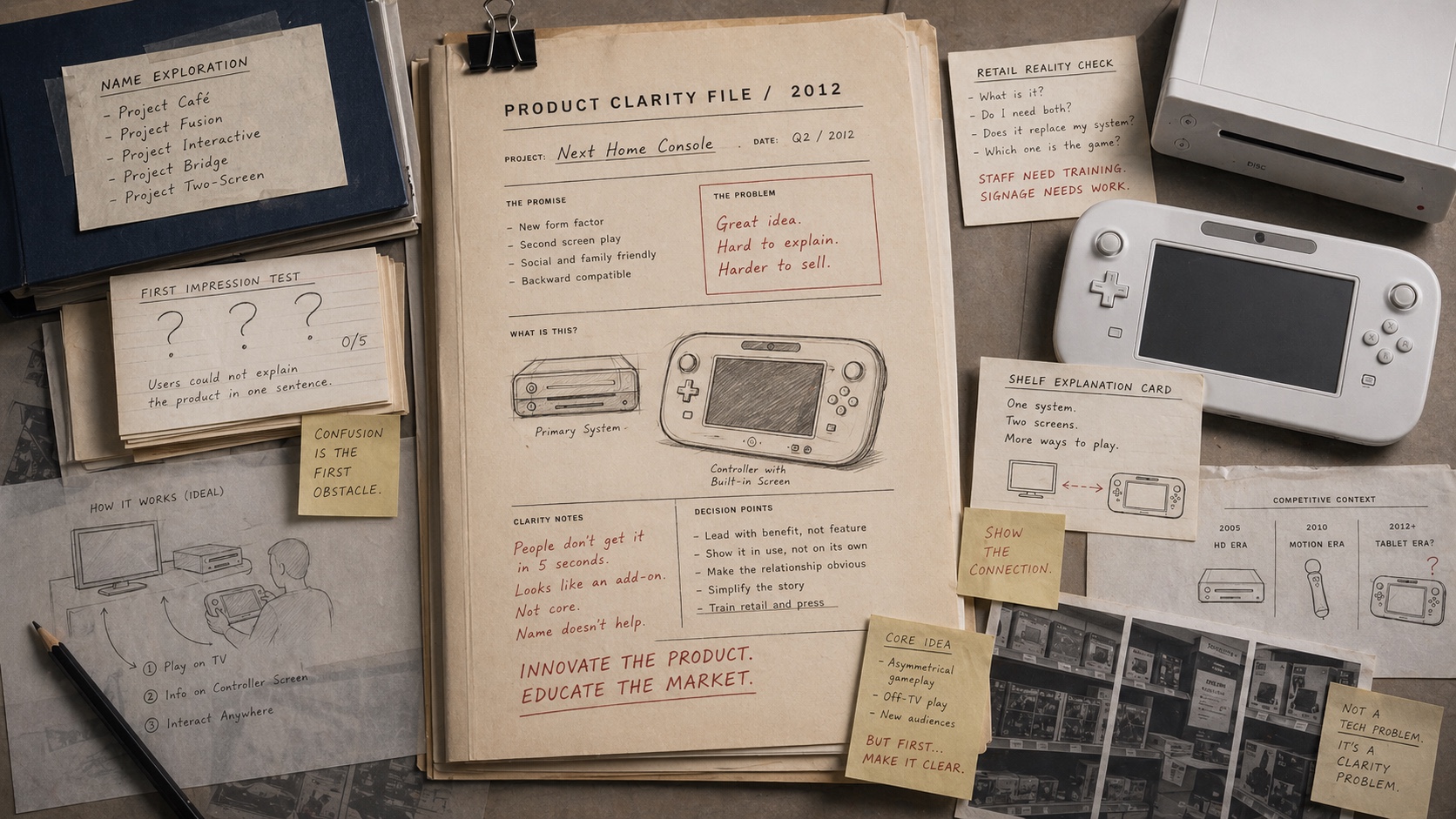 Premium editorial archive still-life of a home-console silhouette, tablet-controller sketch, product-name cards, and clarity notes