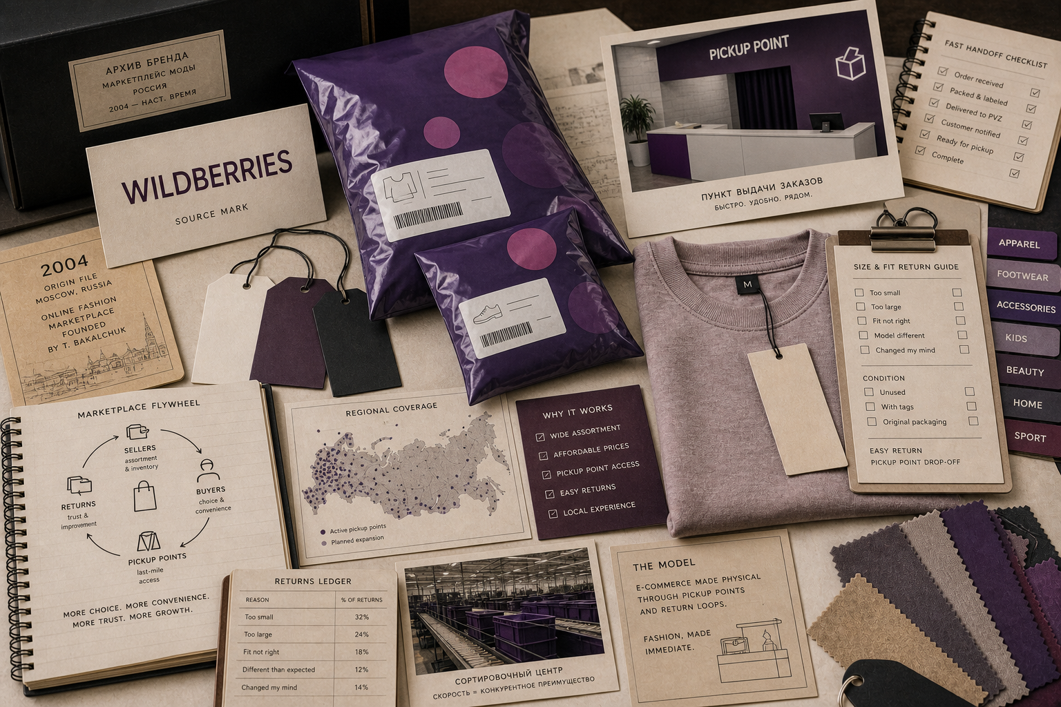 Premium editorial archive still-life of a Wildberries pickup-point fashion marketplace case with source-mark card, purple parcel bags, apparel tag blanks, pickup point counter card, 2004 origin file, seller tabs, size return guide, and regional coverage map