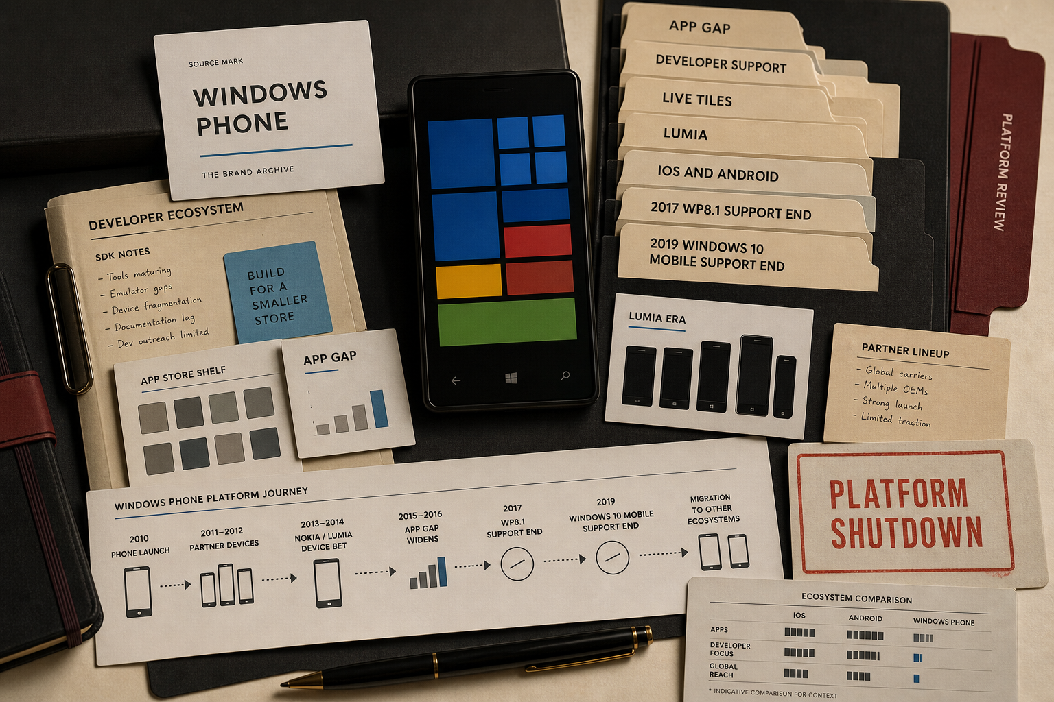 Premium editorial archive still-life of a Windows Phone platform shutdown case with editorial source-mark card, tile-grid smartphone silhouette, app gap folder, developer support tabs, Lumia-era hardware file, iOS and Android comparison card, and 2017 and 2019 support-end timeline