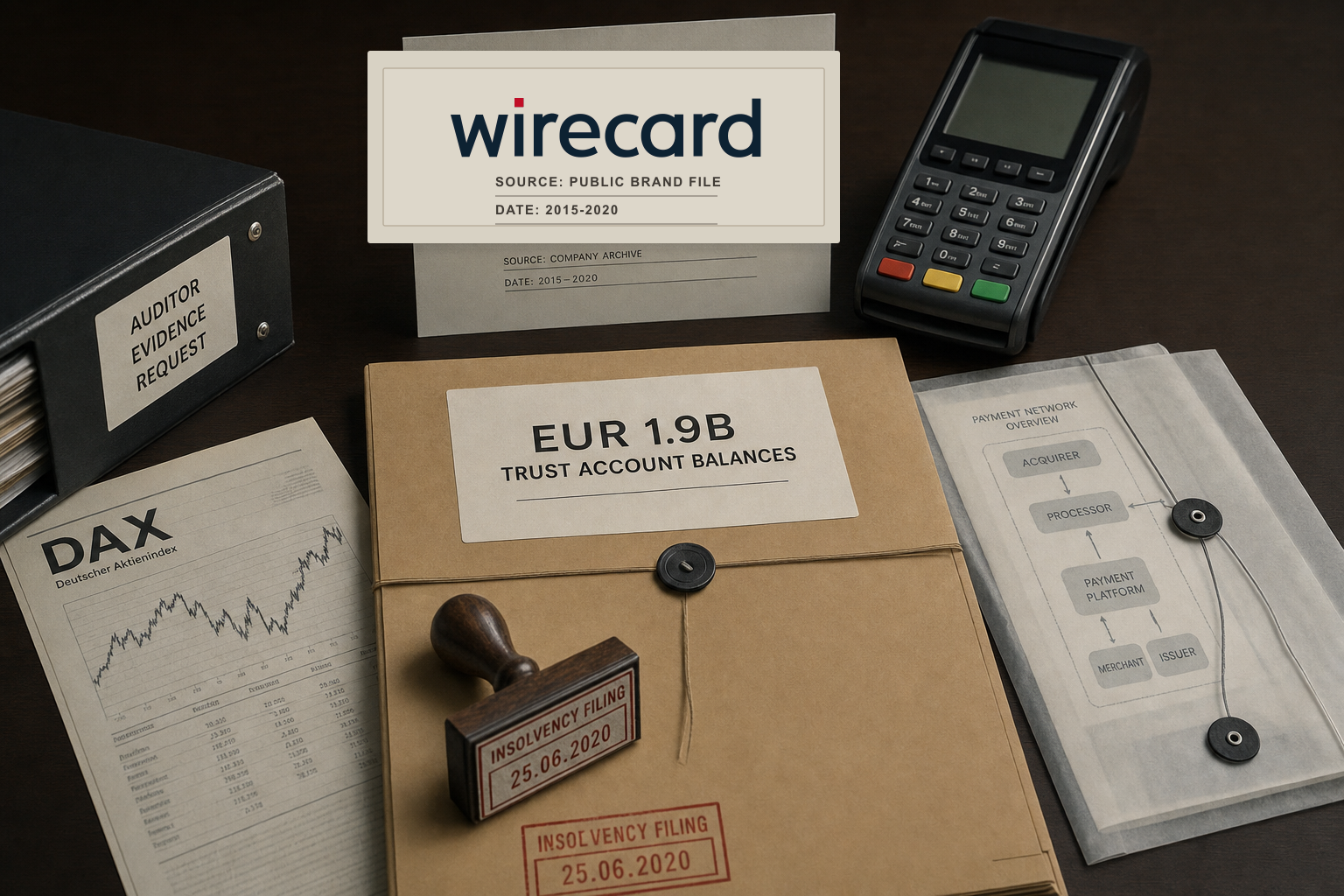 Premium editorial archive still-life of a Wirecard payment trust-collapse case with source-mark card, payment terminal, EUR 1.9B trust-account folder, auditor evidence request, DAX printout, insolvency filing stamp, and payment-network overview