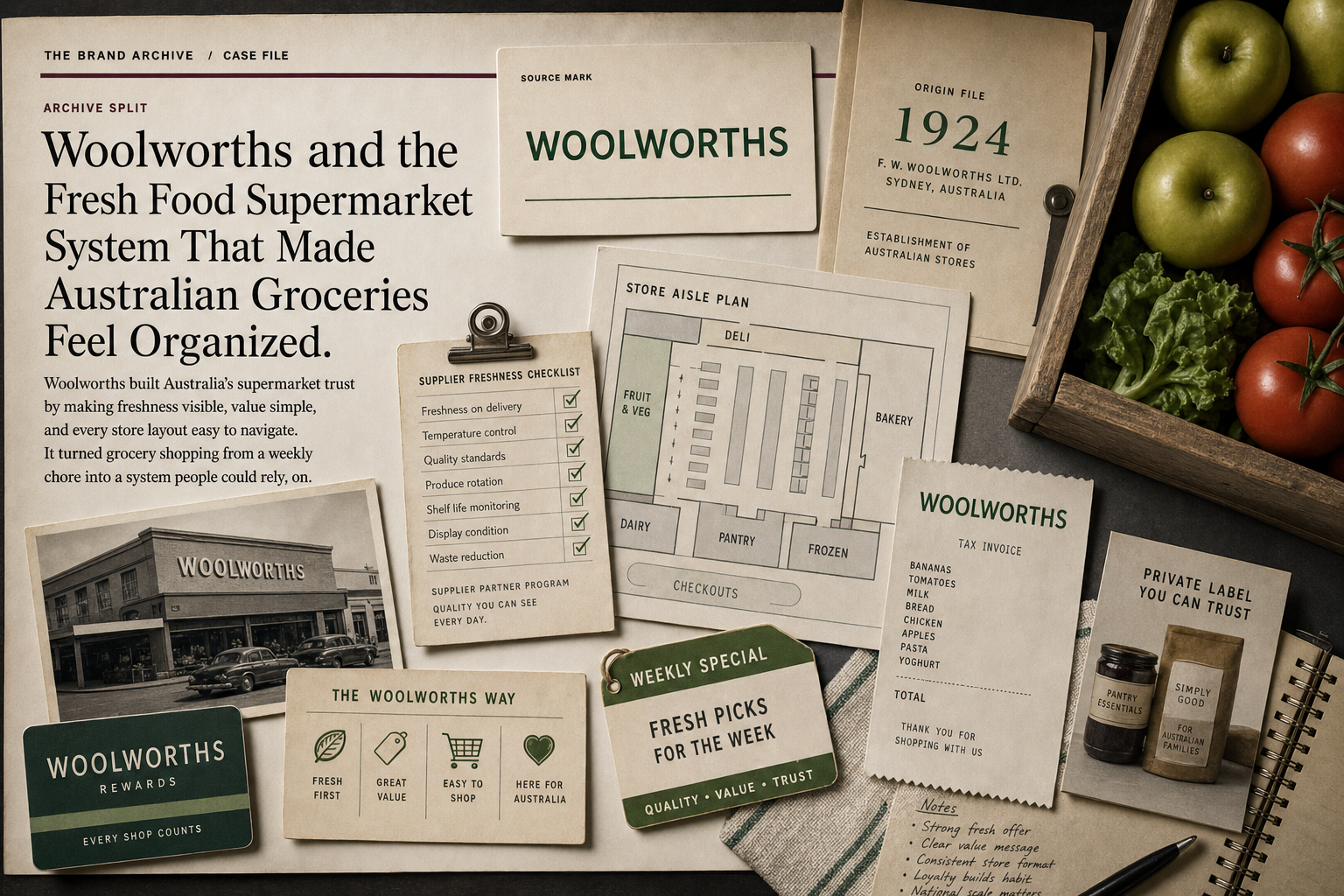 Premium editorial archive still-life of a Woolworths fresh food supermarket case with source-mark card, produce crate, grocery receipt, store aisle plan, loyalty card, supplier freshness checklist, 1924 origin file, and weekly specials tag