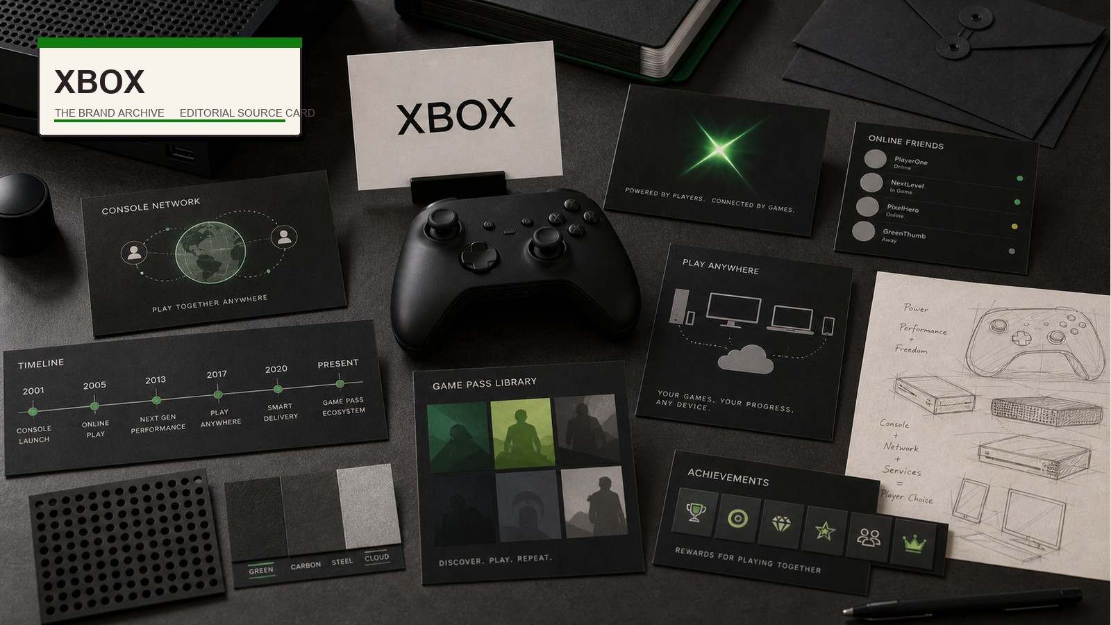 Premium editorial archive still-life of an Xbox console network and Game Pass platform case with Xbox source-mark card, generic controller, console vent texture, green X card, online friends list card, subscription library cards, cloud gaming device cards, launch timeline, and achievement tiles