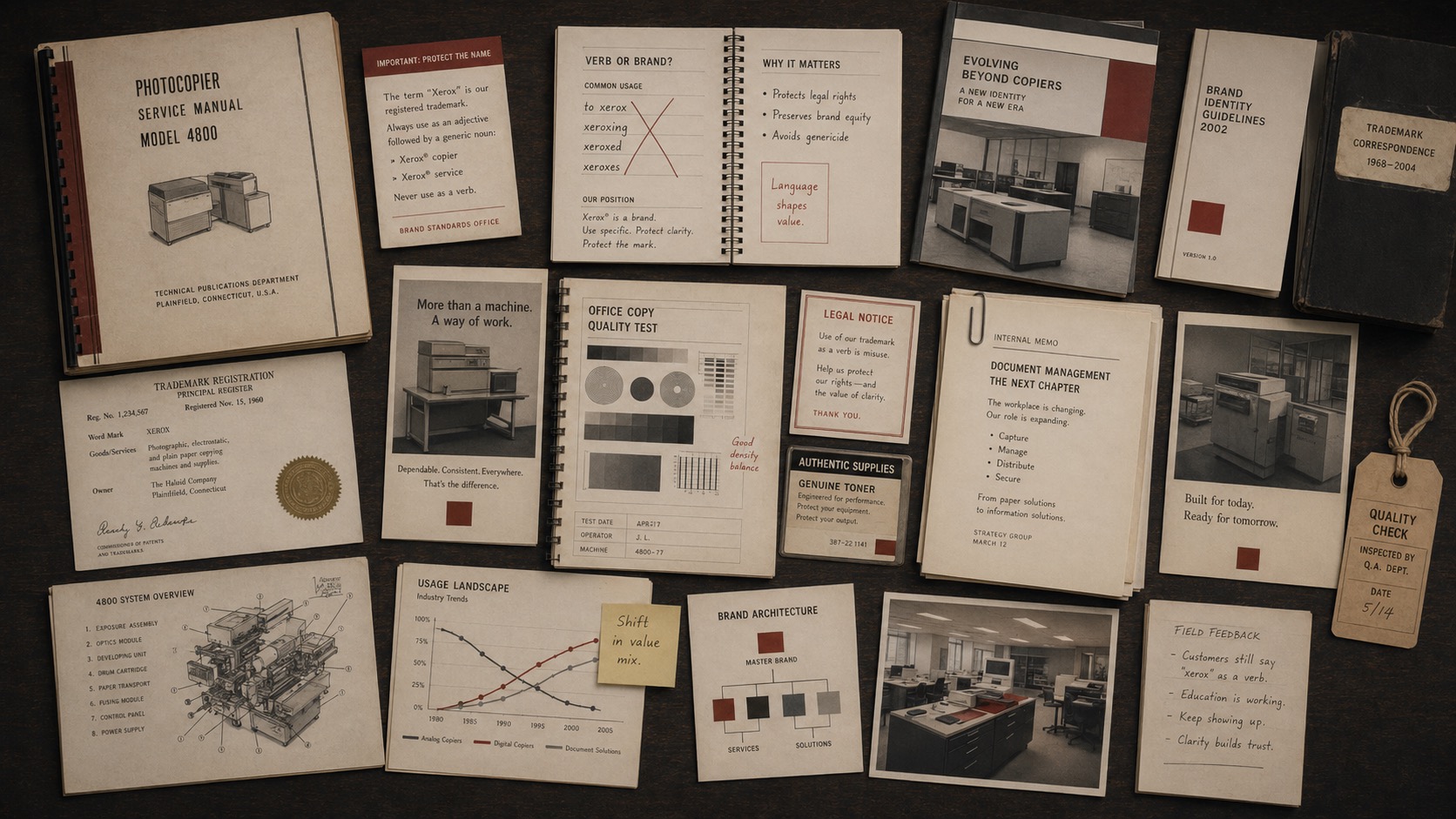 Premium editorial archive still-life of a Xerox trademark discipline case with copier manuals, trademark sheets, brand-usage notes, identity guidelines, and office-copy test documents