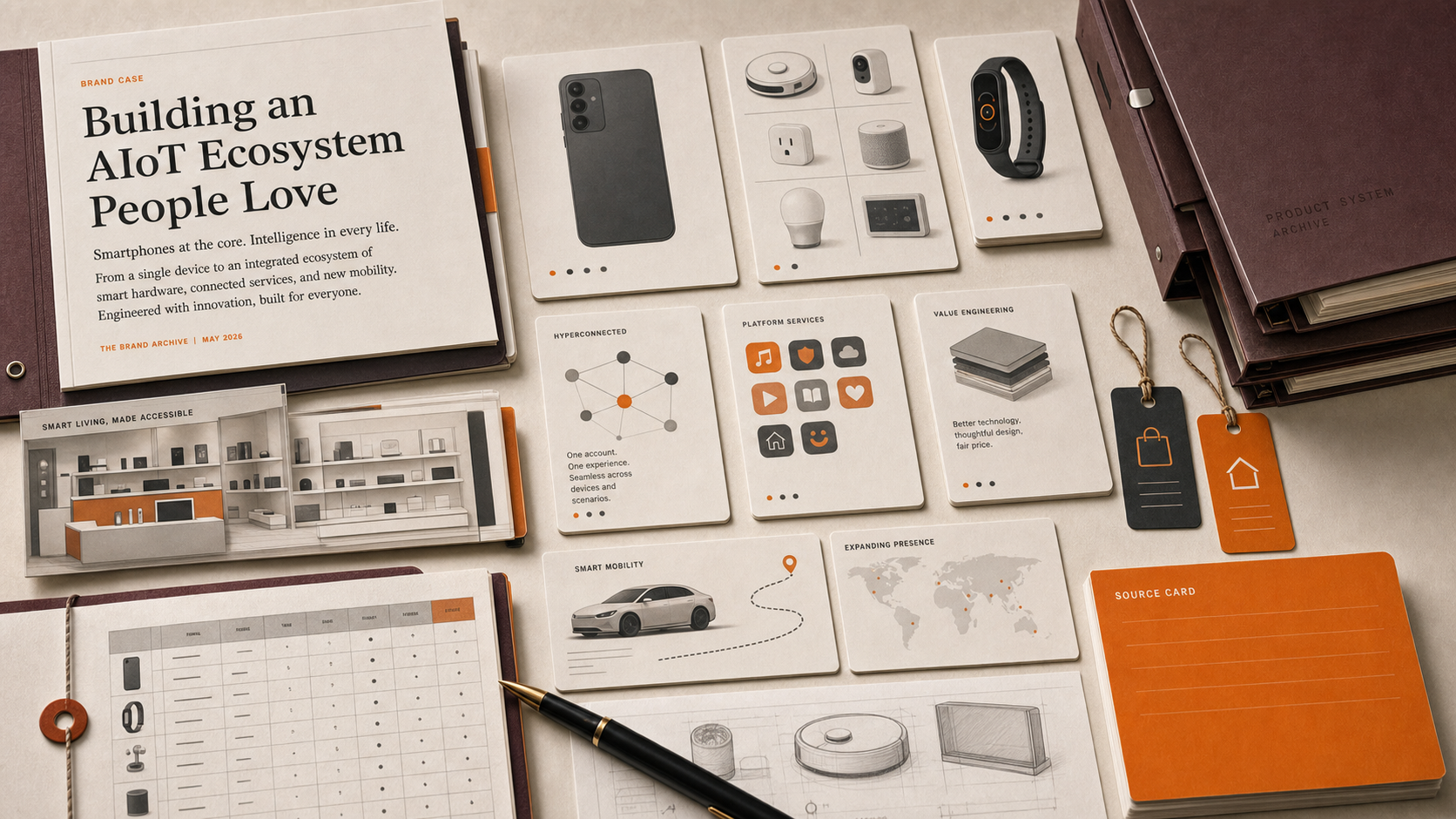Premium editorial archive still-life of a Xiaomi AIoT ecosystem case with smartphone card, smart-home device tiles, wearable band, platform service cards, smart mobility card, value engineering sheet, and orange source card
