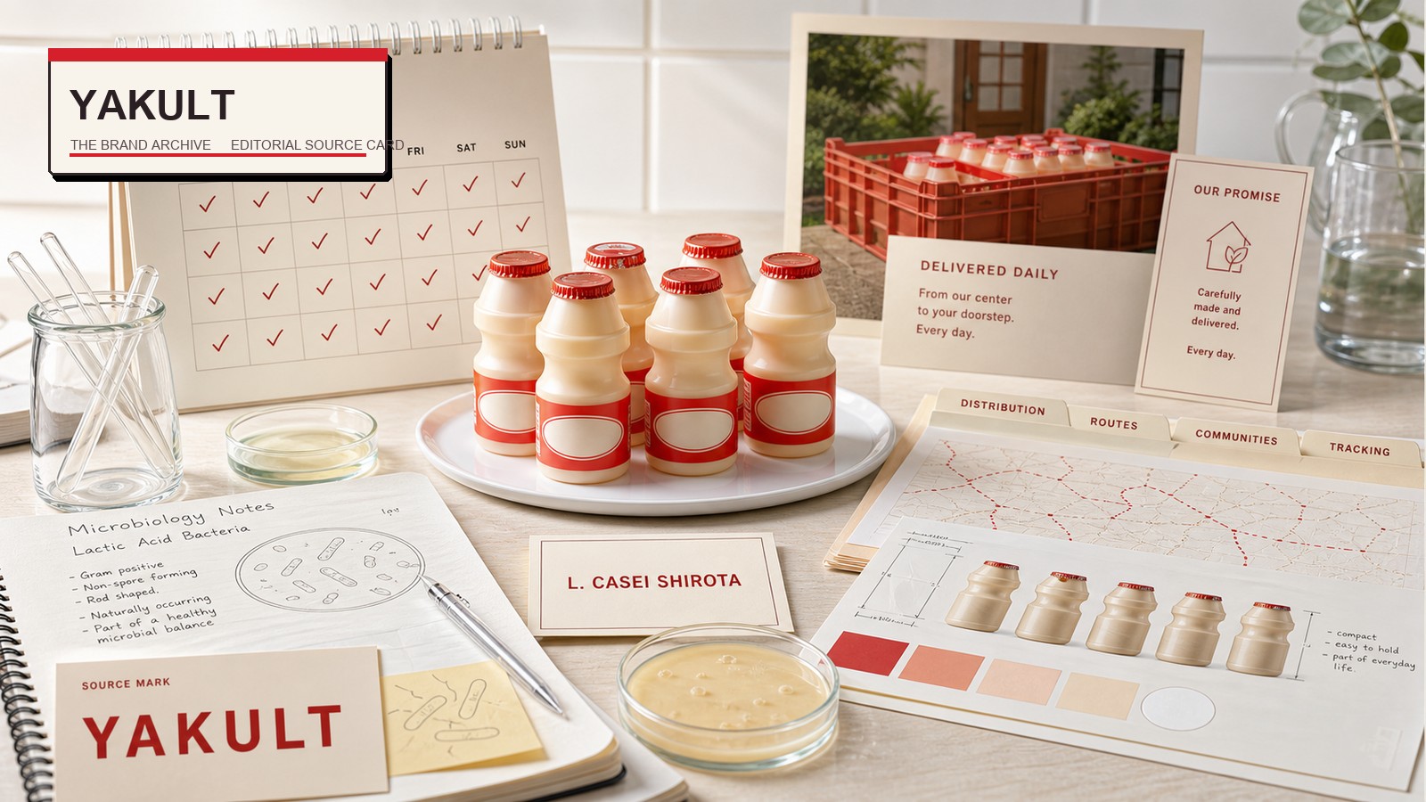 Premium editorial archive still-life of a Yakult probiotic daily ritual case with Yakult source-mark card, small probiotic drink bottles with blank labels, daily calendar, delivery crate card, microbiology notes, strain card, petri dish, route tabs, and bottle scale study