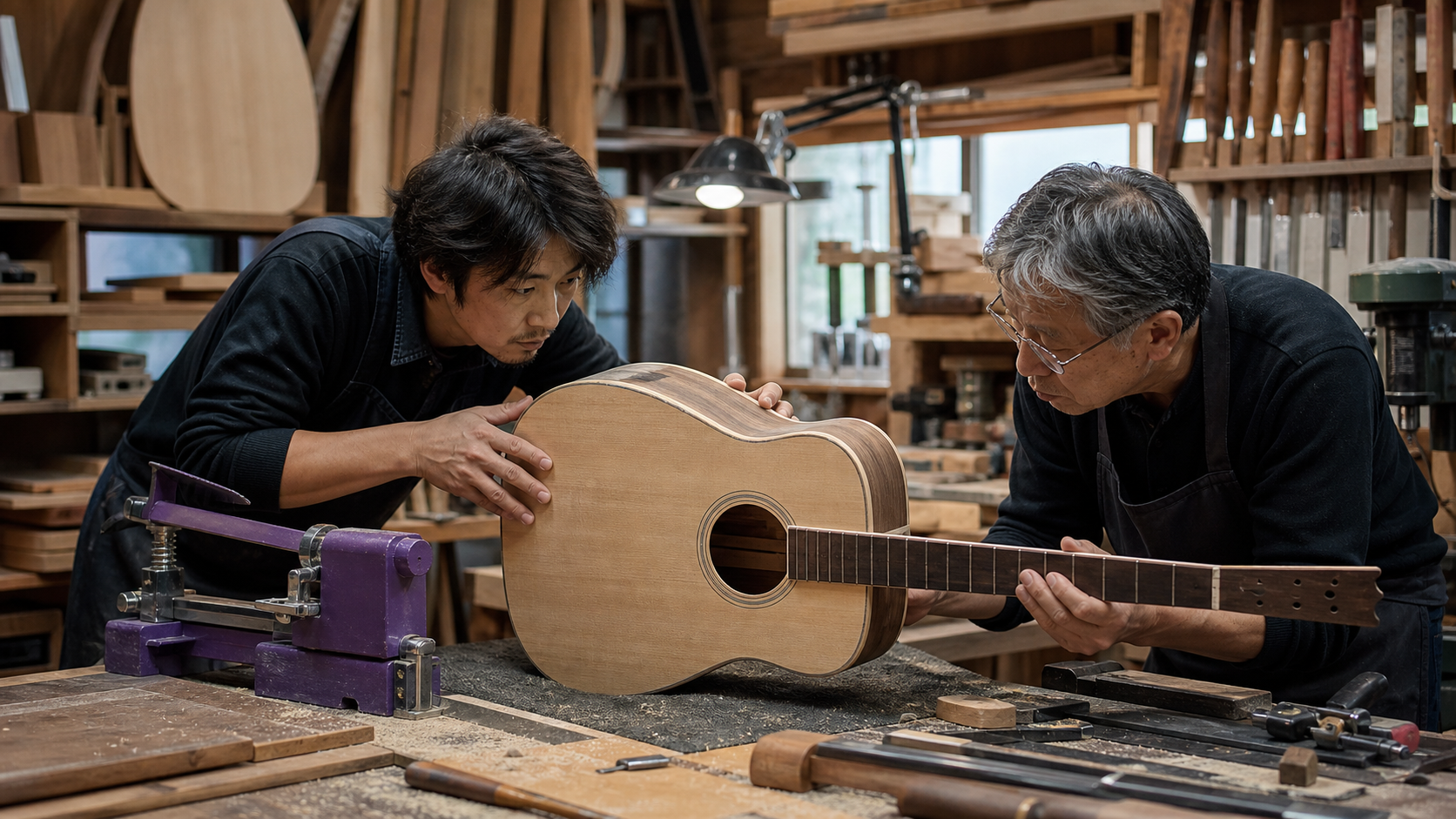 Craftsperson shaping a guitar in a precise instrument workshop without visible branding.