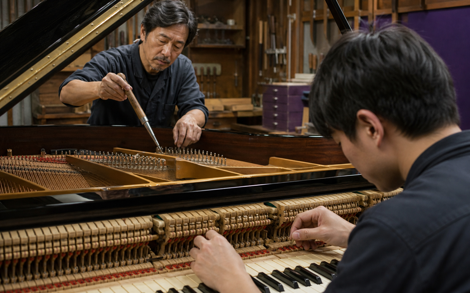 Piano technicians regulating and voicing an acoustic grand piano in a careful workshop.