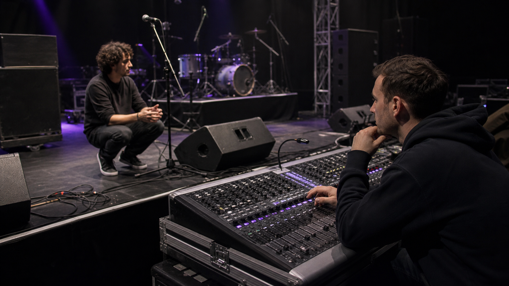 Live sound engineer operating a professional mixing console at a concert without logos.
