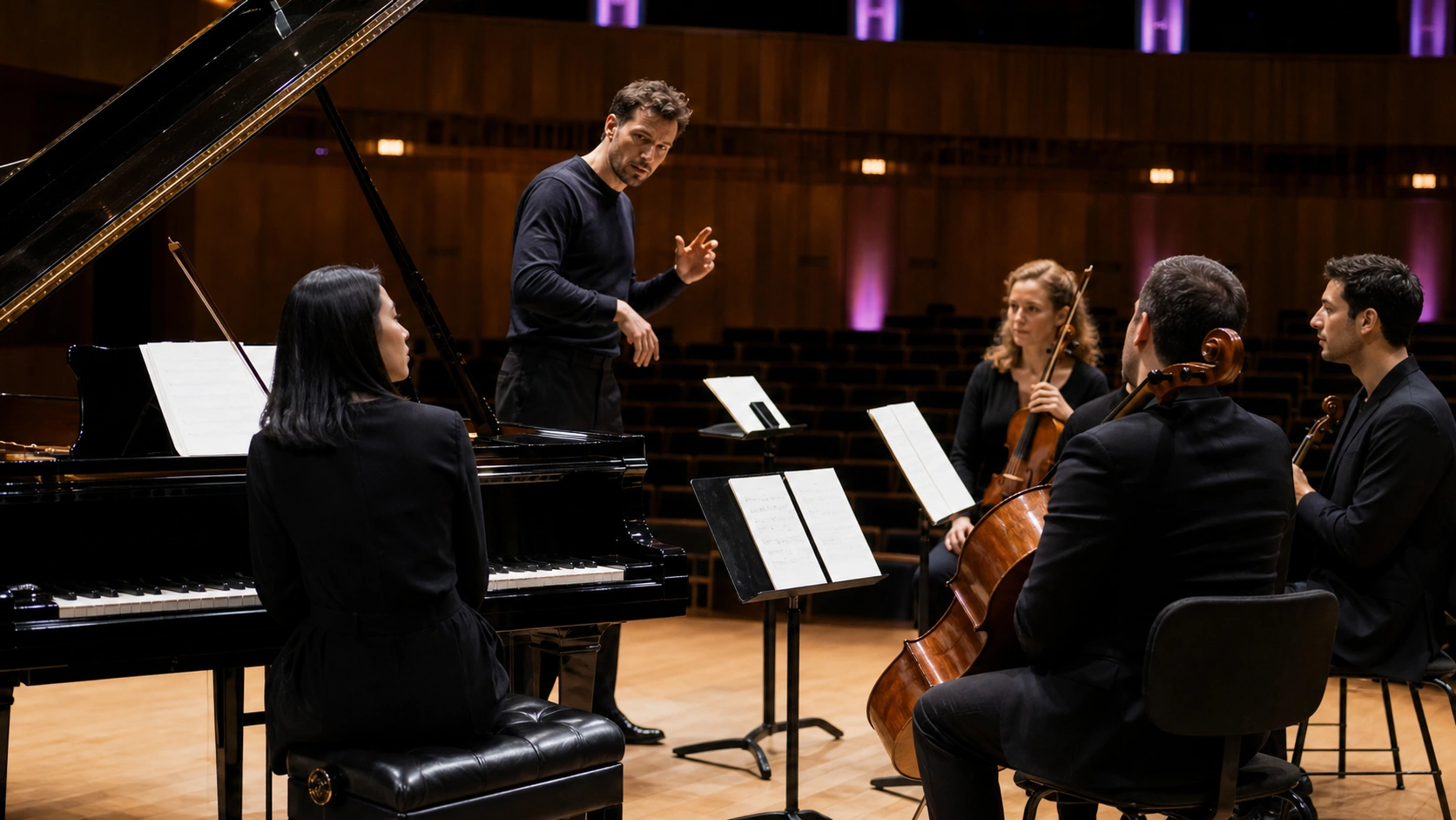 Photorealistic musicians rehearsing with acoustic and electronic instruments in a professional rehearsal space without logos or motorcycles.