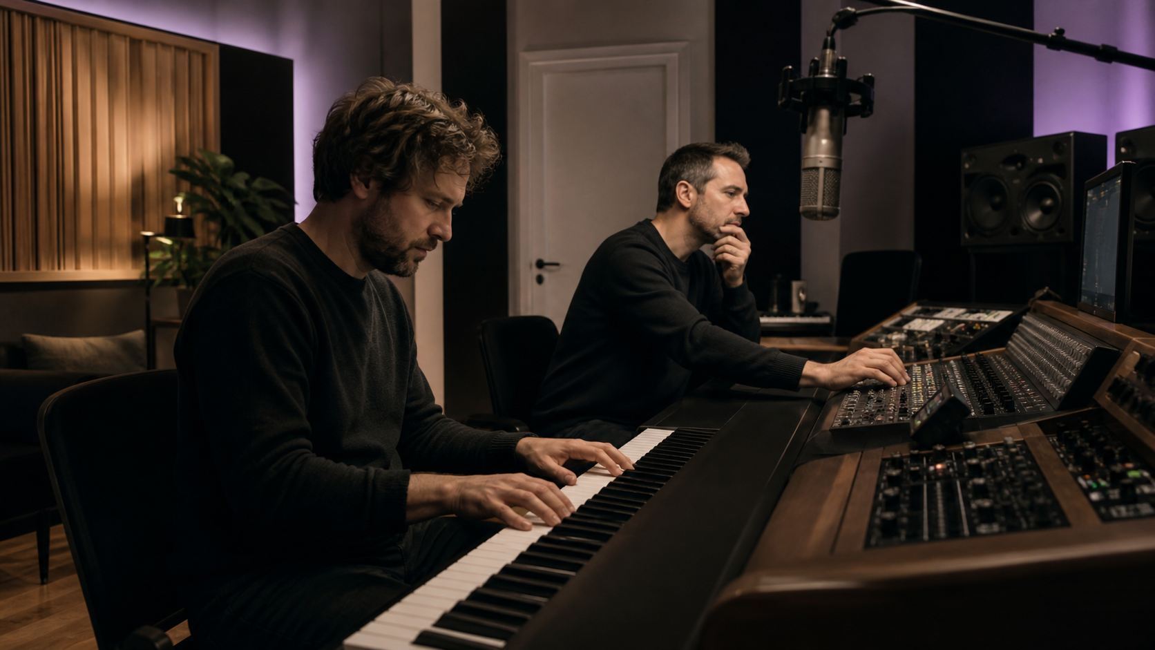 Music producer working in a recording studio with keyboard and audio controls, without logos.