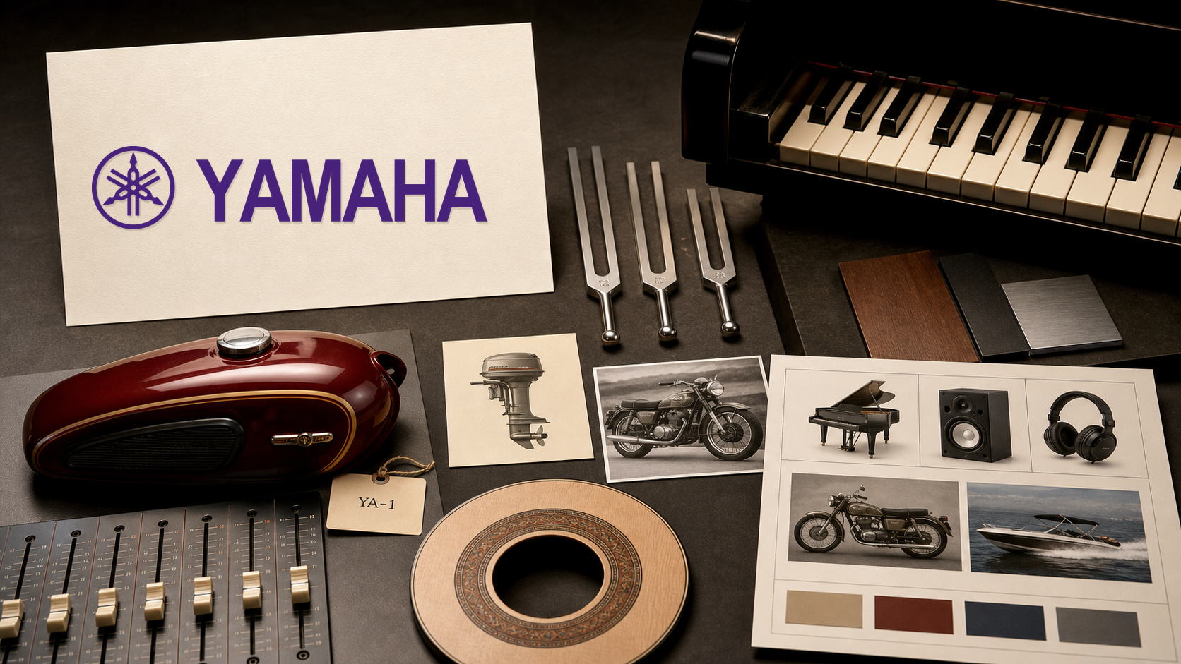 Premium editorial archive still-life of a Yamaha tuning-fork sound-to-mobility system with Yamaha source-mark card, piano keys, tuning forks, guitar rosette, audio faders, YA-1 tag, motorcycle study, marine card, and product-line grid