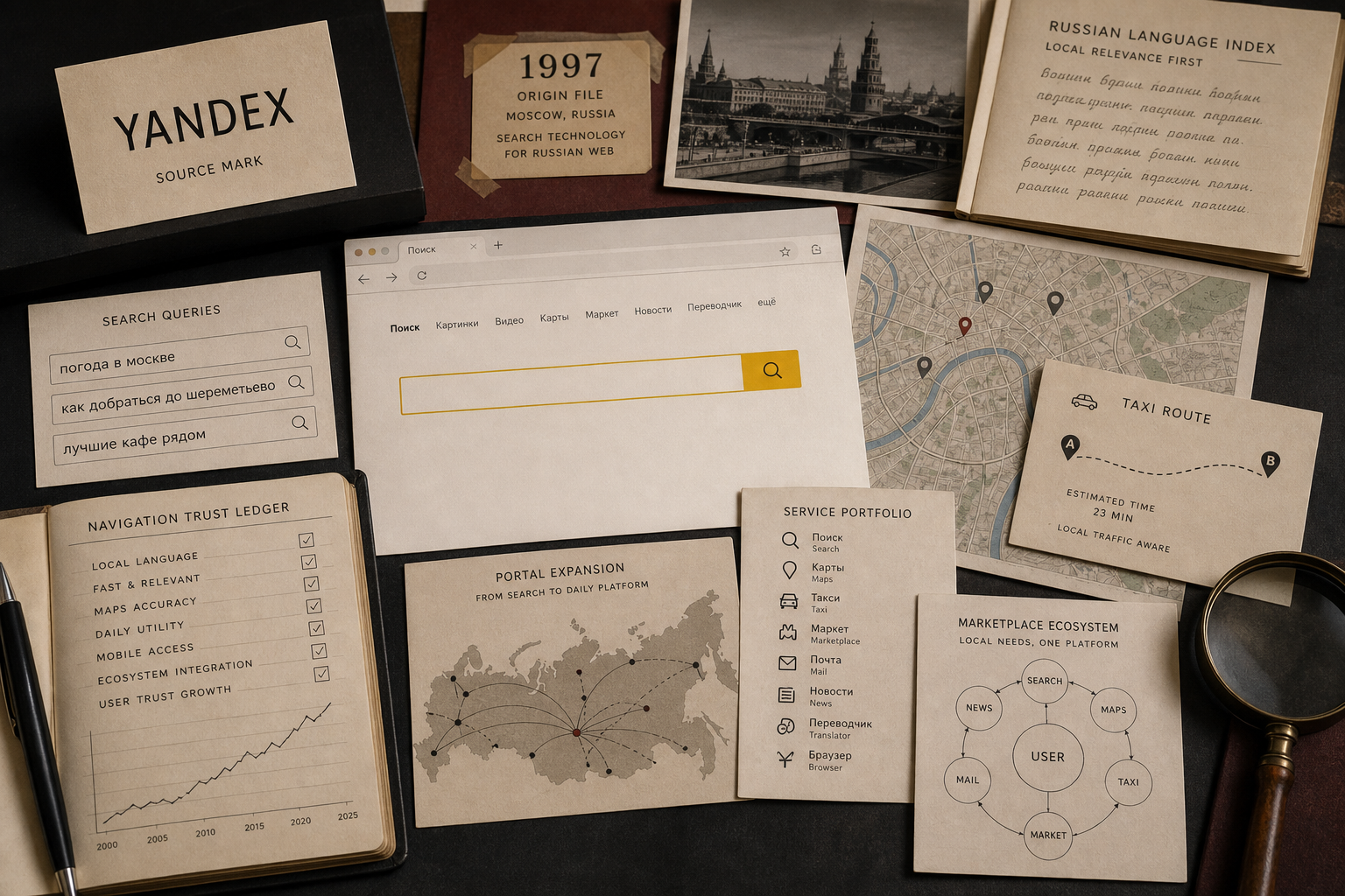 Premium editorial archive still-life of a Yandex search portal case with source-mark card, search query cards, blank browser page, local map tiles, taxi route card, 1997 Moscow origin file, language index note, and service portfolio tabs