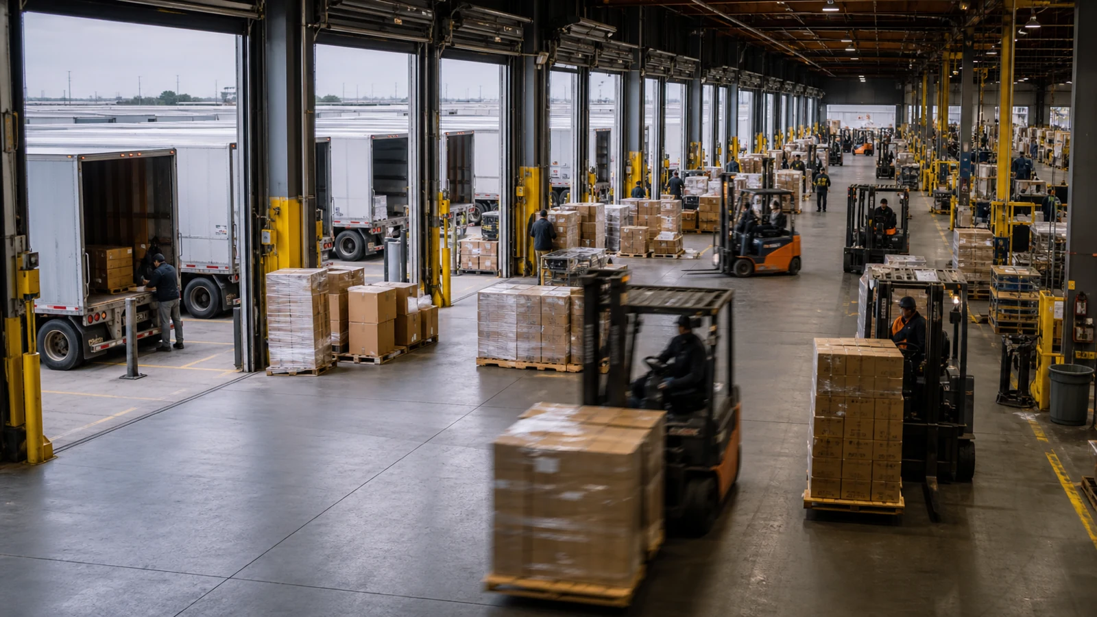 A logo-free less-than-truckload cross-dock moving pallets between generic trailers.