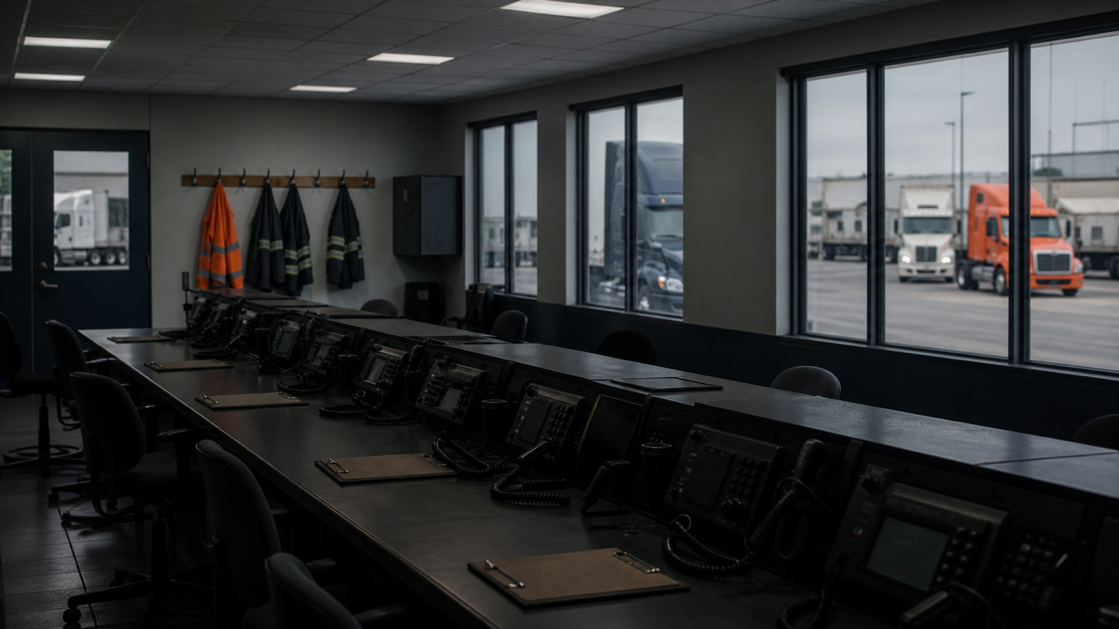 An empty logo-free freight dispatch room overlooking idle generic trucks.