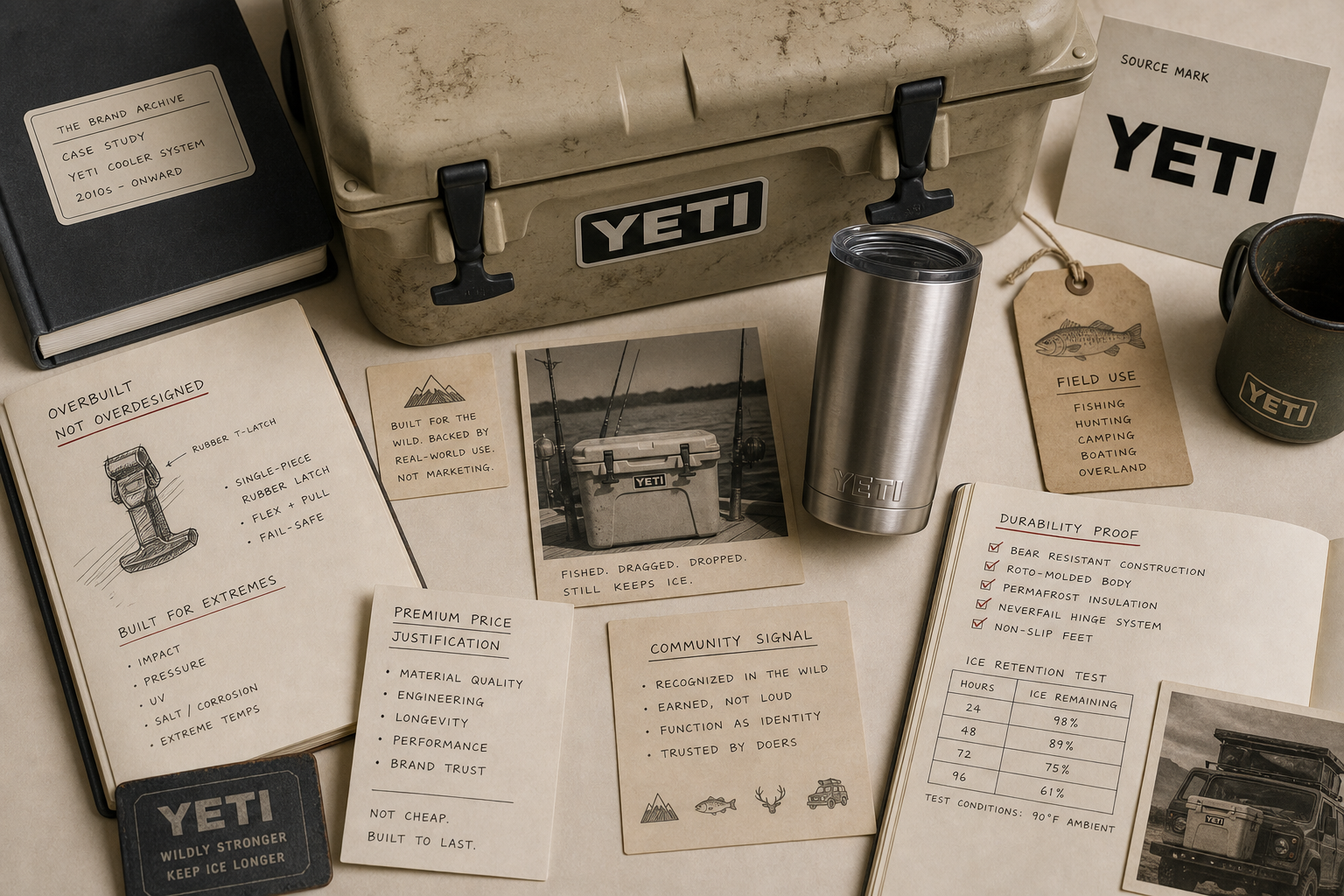 Premium editorial archive still-life of a YETI cooler outdoor durability case with YETI source-mark card, rugged cooler form, tumbler, fishing tag, campsite checklist, ice-retention test card, field-use scuffs, retail display note, and durability proof materials