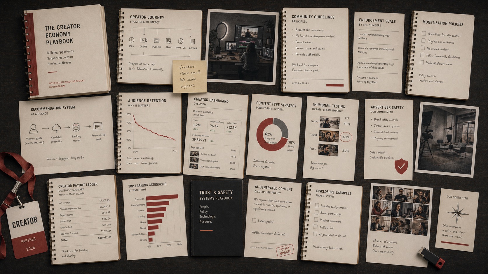 Premium editorial archive still-life of a YouTube platform-governance case with creator dashboards, recommendation diagrams, policy binders, monetization notes, and audience-retention studies