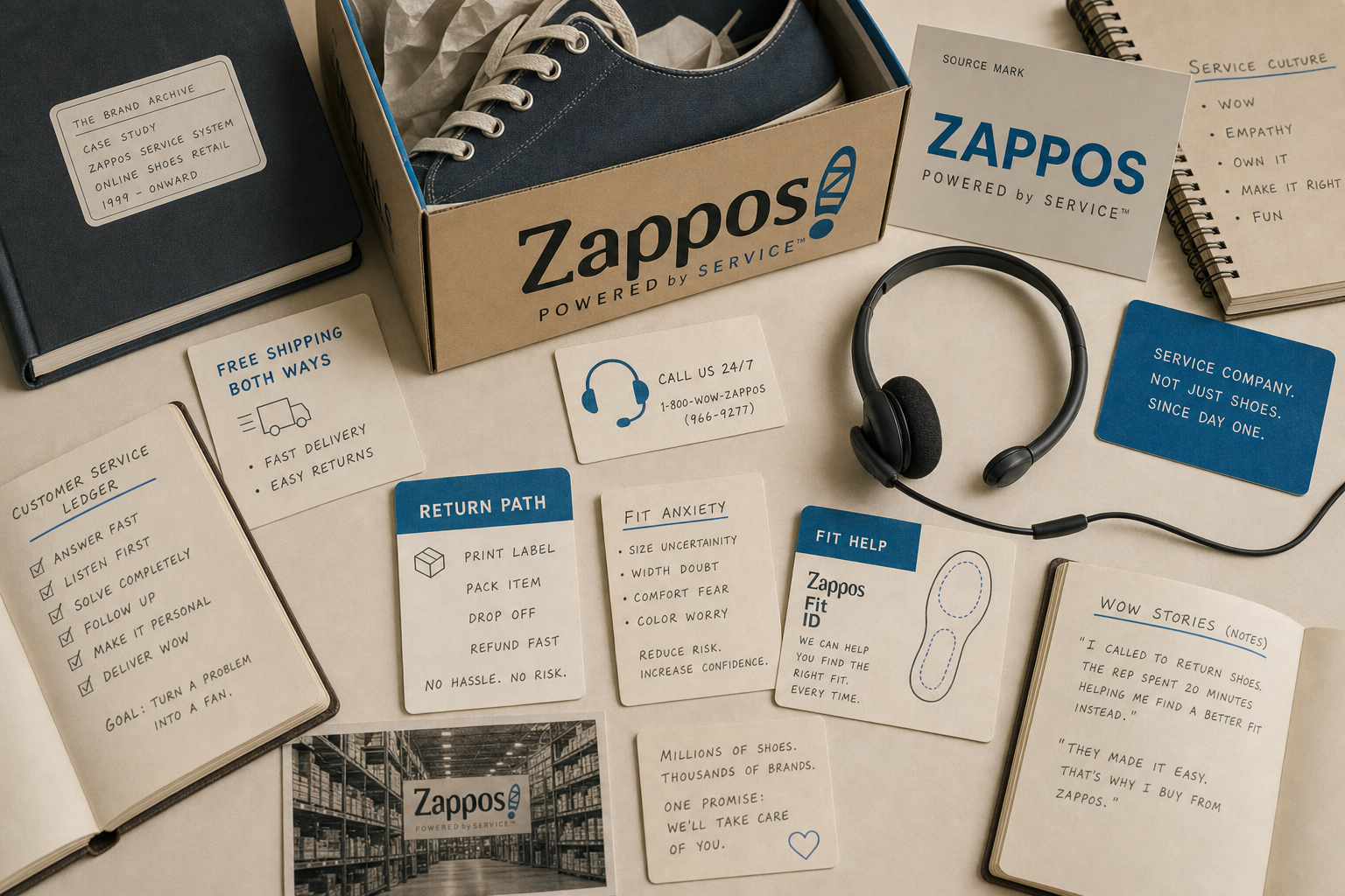 Premium editorial archive still-life of a Zappos customer service ecommerce case with Zappos source-mark card, shoe box, return label without barcode, headset card, call note, fit card, delivery tag, service culture card, and customer promise ledger