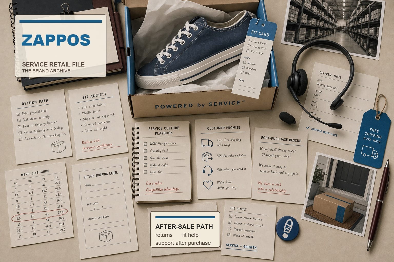 Premium editorial archive still-life of a Zappos customer service ecommerce case with editorial Zappos source-mark card, open shoebox, generic sneaker, fit card, return path checklist, service headset, delivery note, warehouse photo strip, after-sale path card, and customer promise ledger