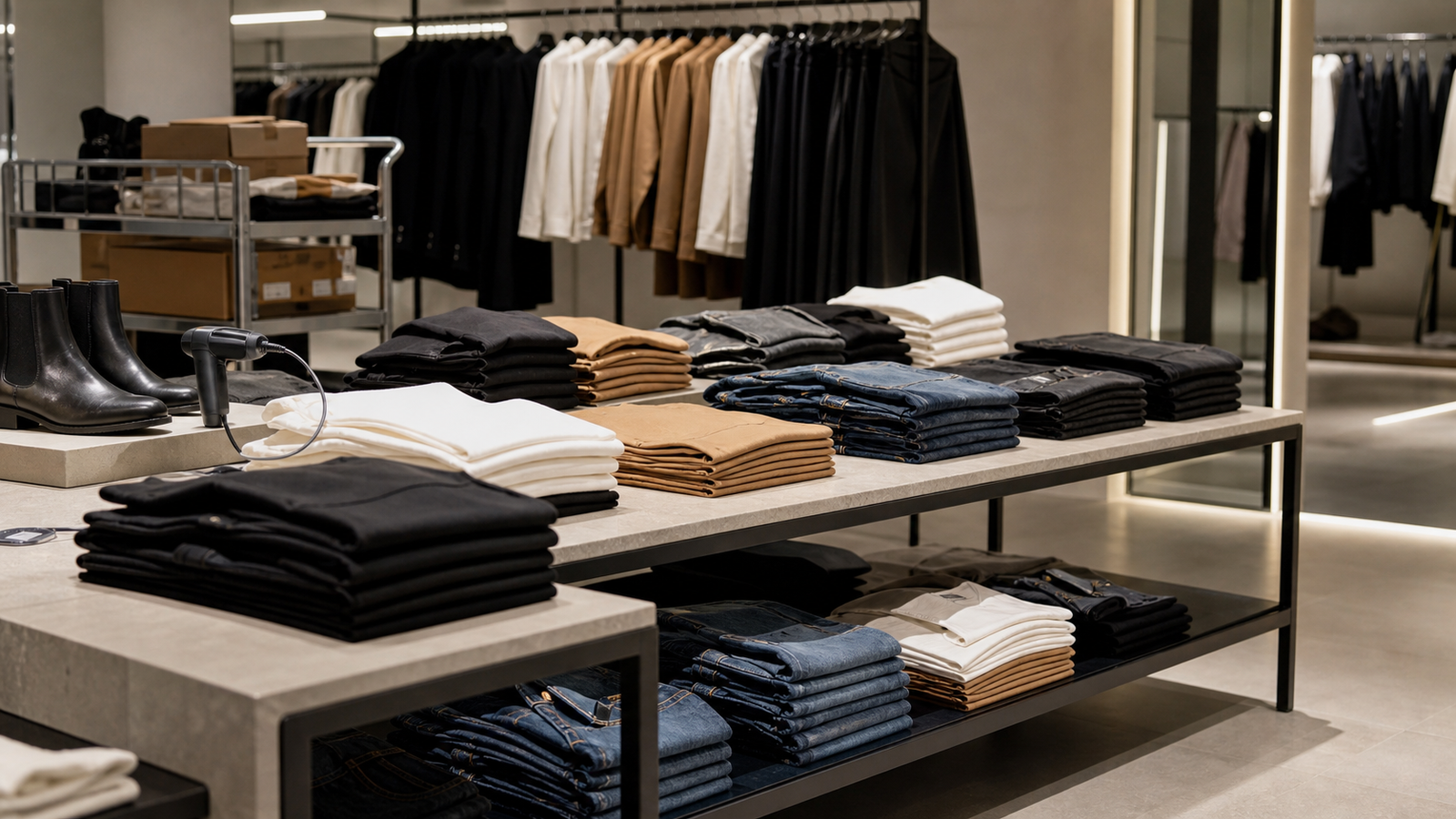 Fast-moving fashion retail table with folded apparel, footwear and handheld stock-scanning activity.