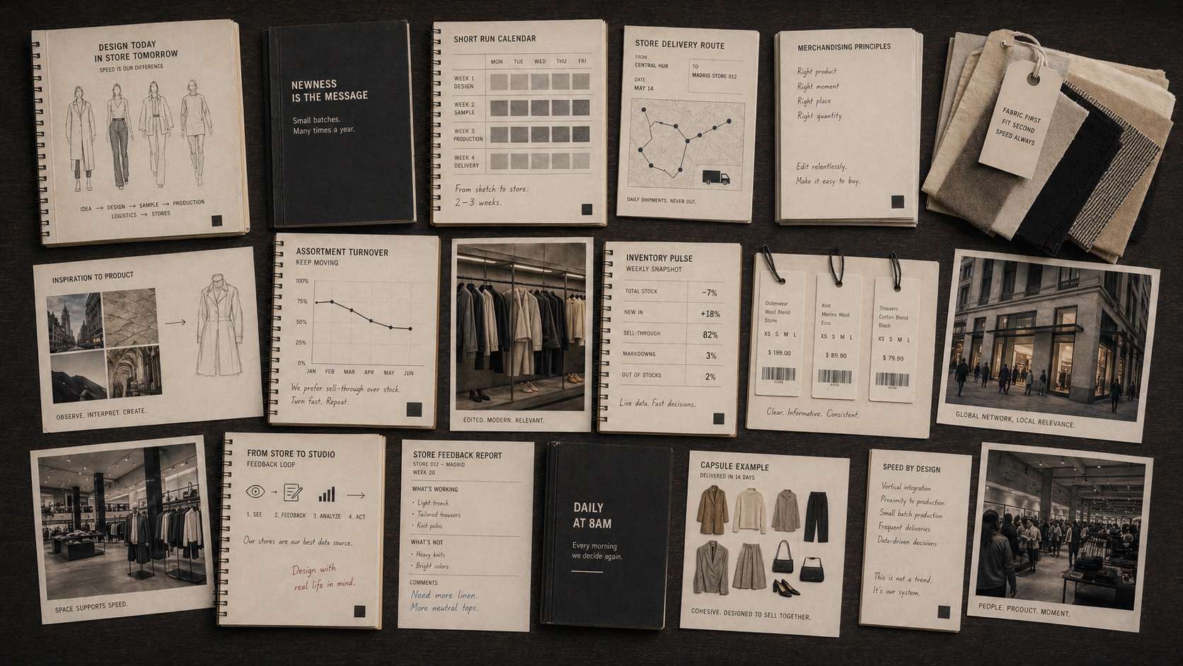 Premium editorial archive still-life of a Zara speed-system case with apparel sketches, short-run calendars, inventory notes, merchandising boards, and store delivery route cards