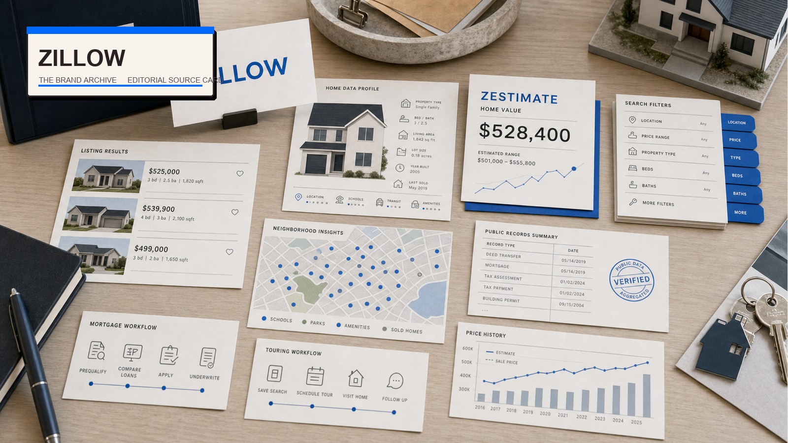 Premium editorial archive still-life of a Zillow Zestimate home search data case with Zillow source-mark card, generic house data card, map grid, Zestimate card, not-an-appraisal note, listing sheet, search filters, public-record ledger, mortgage workflow cards, and neighborhood dots