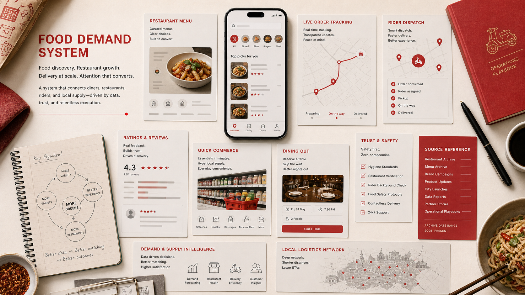 Premium editorial archive still-life of a Zomato food-demand delivery system case with restaurant menu card, delivery route map, smartphone food-listing wireframe, rider dispatch card, ratings card, quick-commerce shelf card, dining-out booking card, and trust-safety checklist