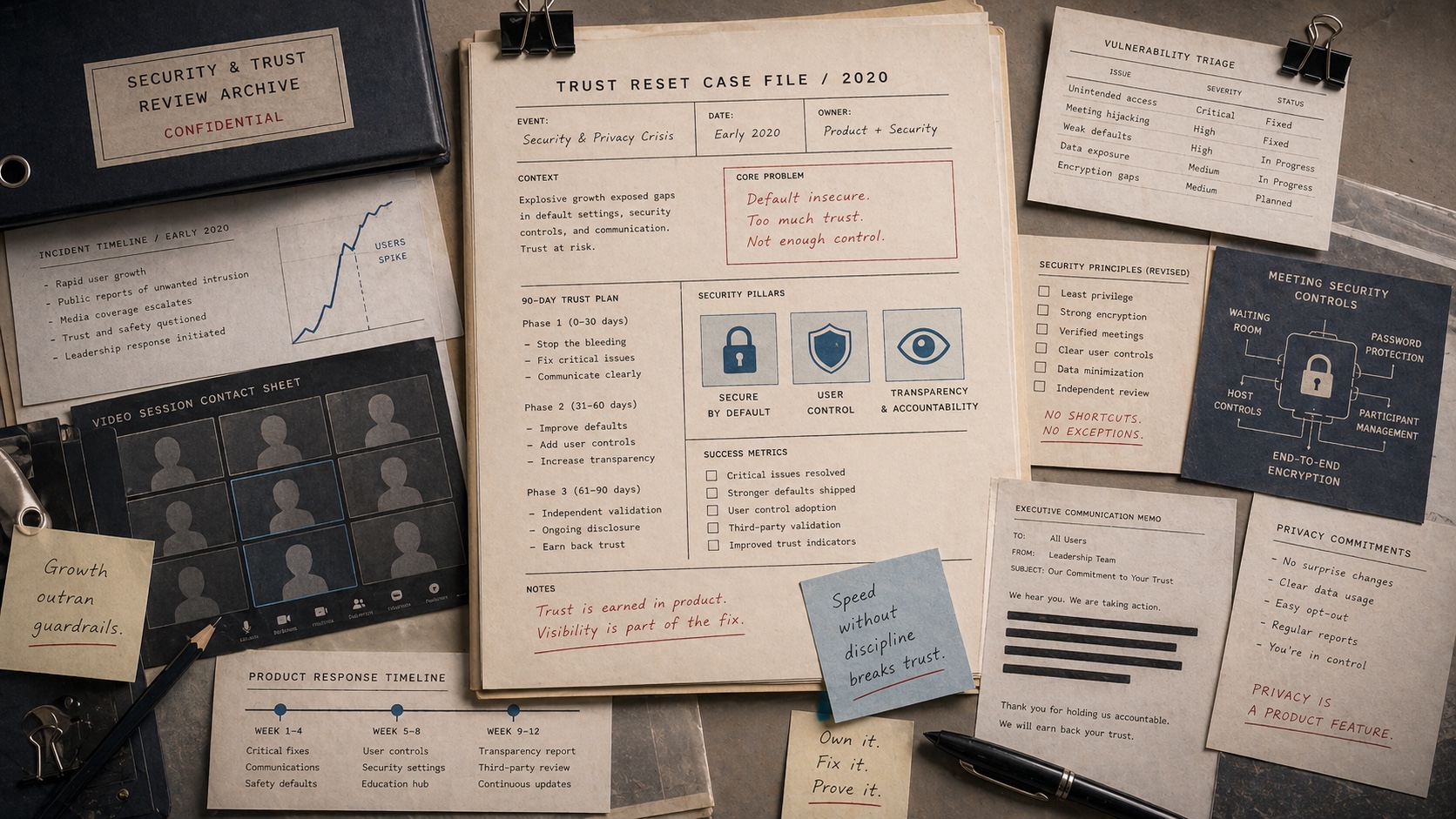 Premium editorial archive still-life of video-call tile contact sheets, security lock diagrams, and a 90-day trust reset plan
