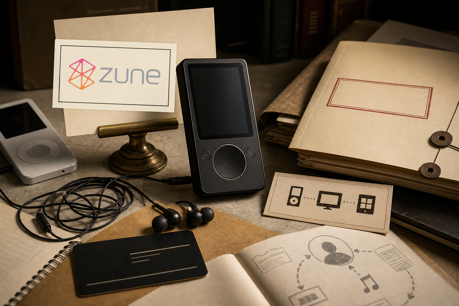 Premium editorial archive still-life of a Zune discontinued music-player case with sourced Zune logo card, unbranded portable media player, wired earbuds, subscription pass, route card from device to media service, retired-service folder, and secondary competitor-player silhouette