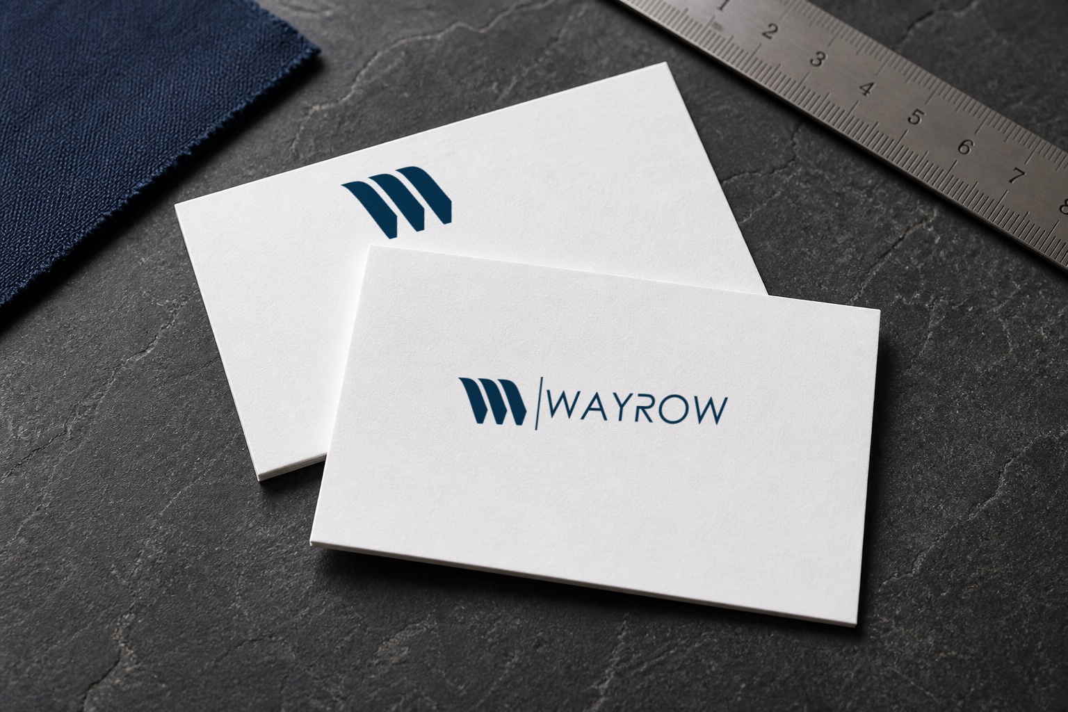 Wayrow wordmark and mark on premium white business cards