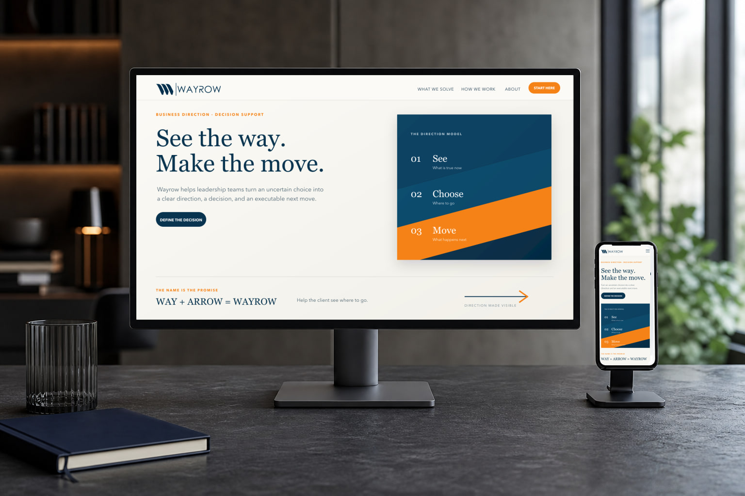 Wayrow consulting website presented on a desktop monitor and mobile phone