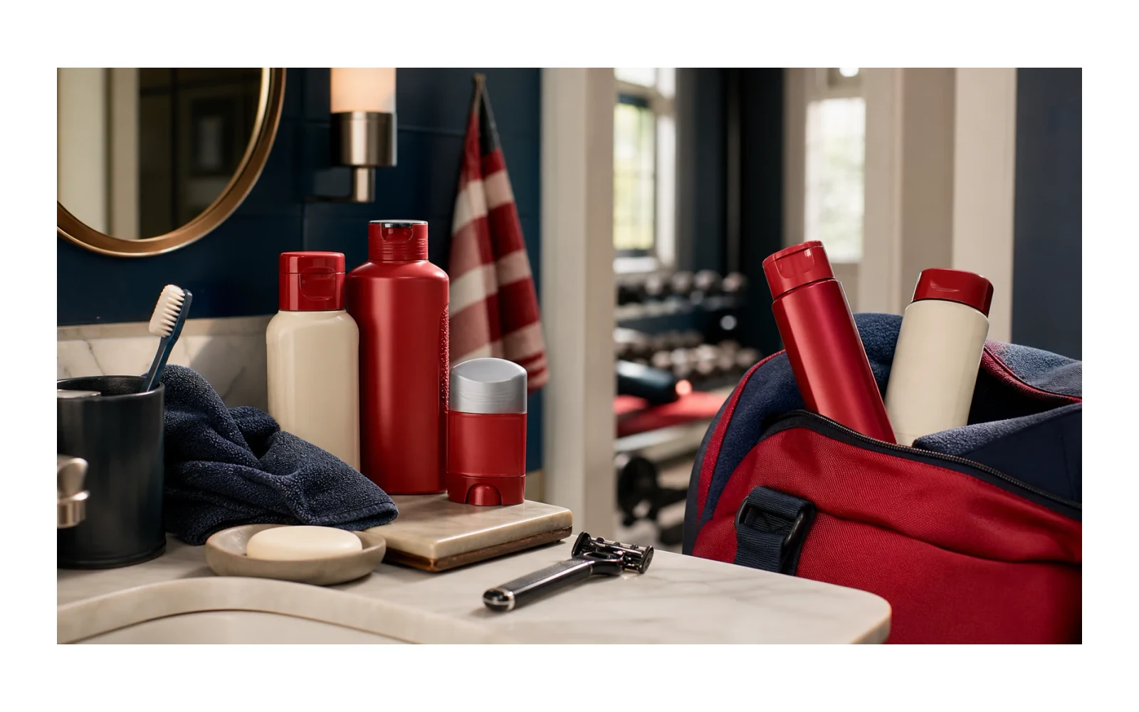 Editorial illustration of a grooming shelf and gym bag