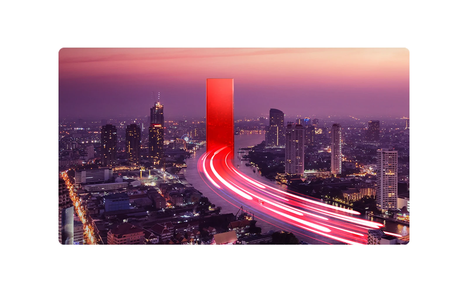 Lenovo red identity feature against a city skyline
