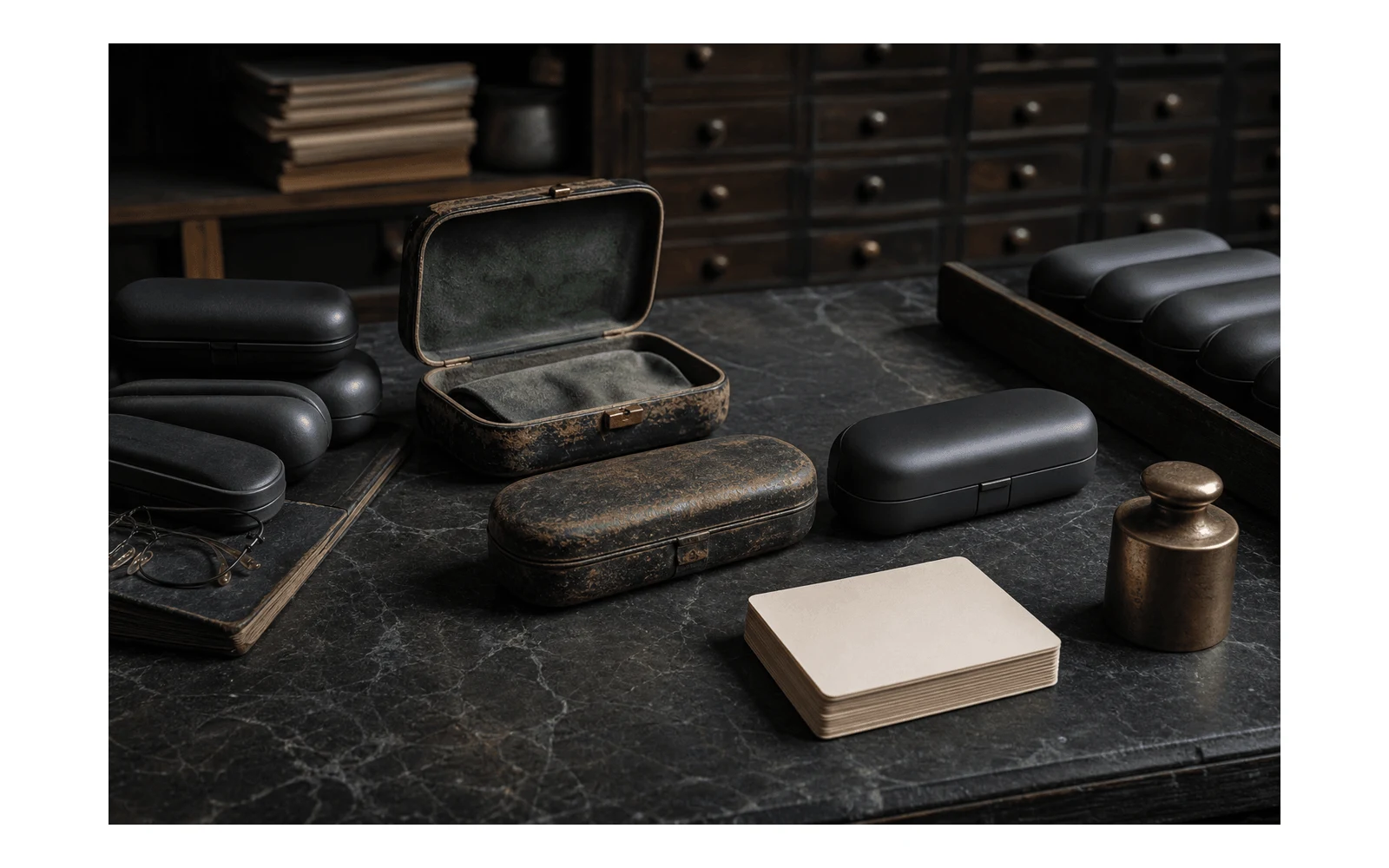 Editorial still life of familiar and worn product cases