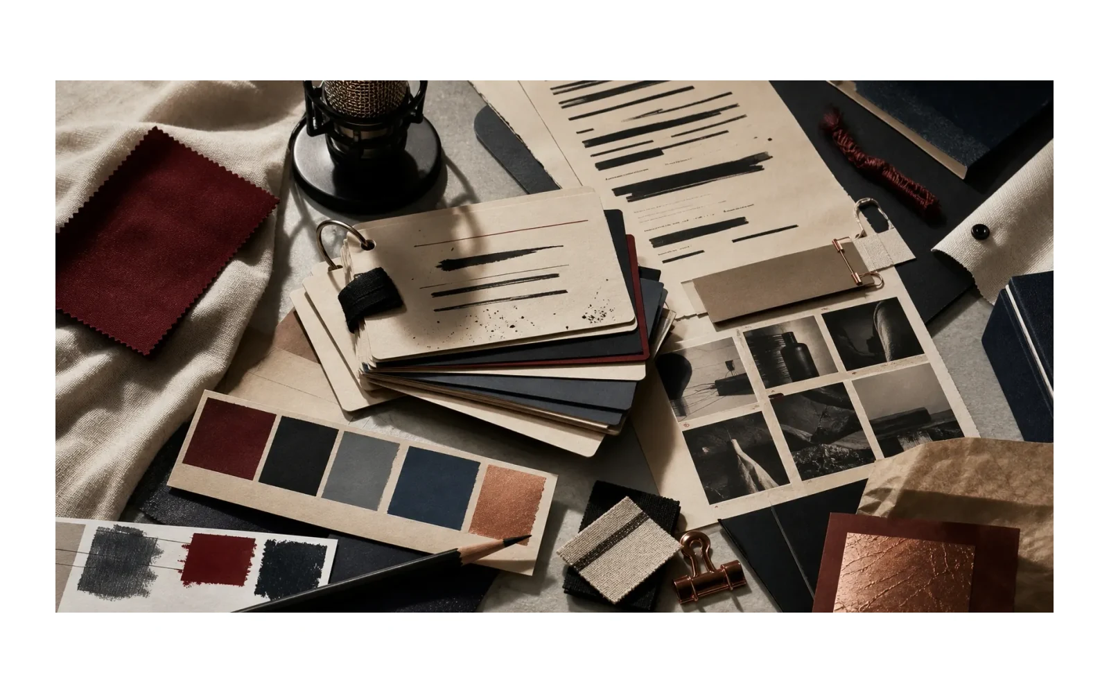 Editorial workbench with a microphone, visual references and product samples