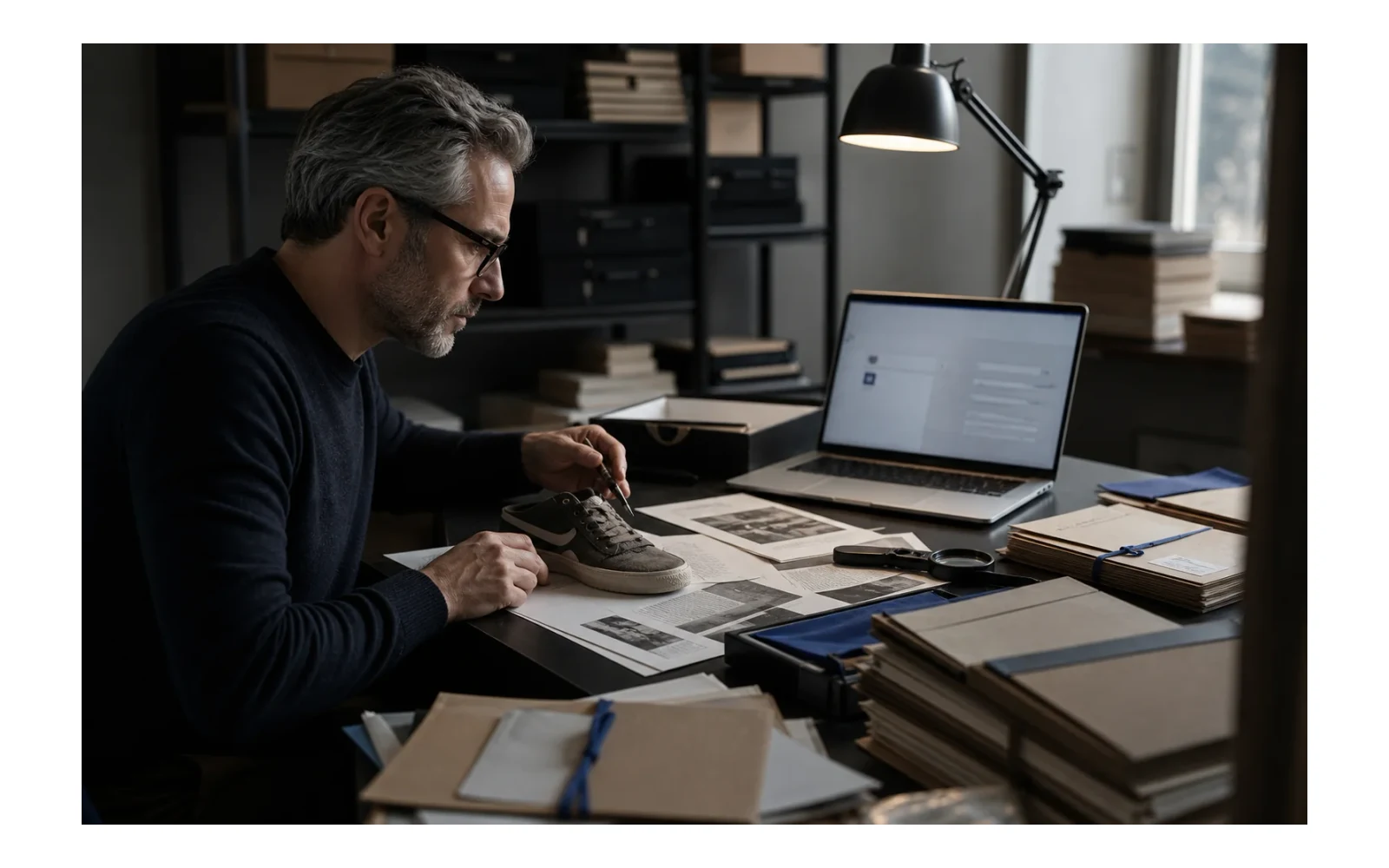 Editorial illustration of a researcher checking a product against source material