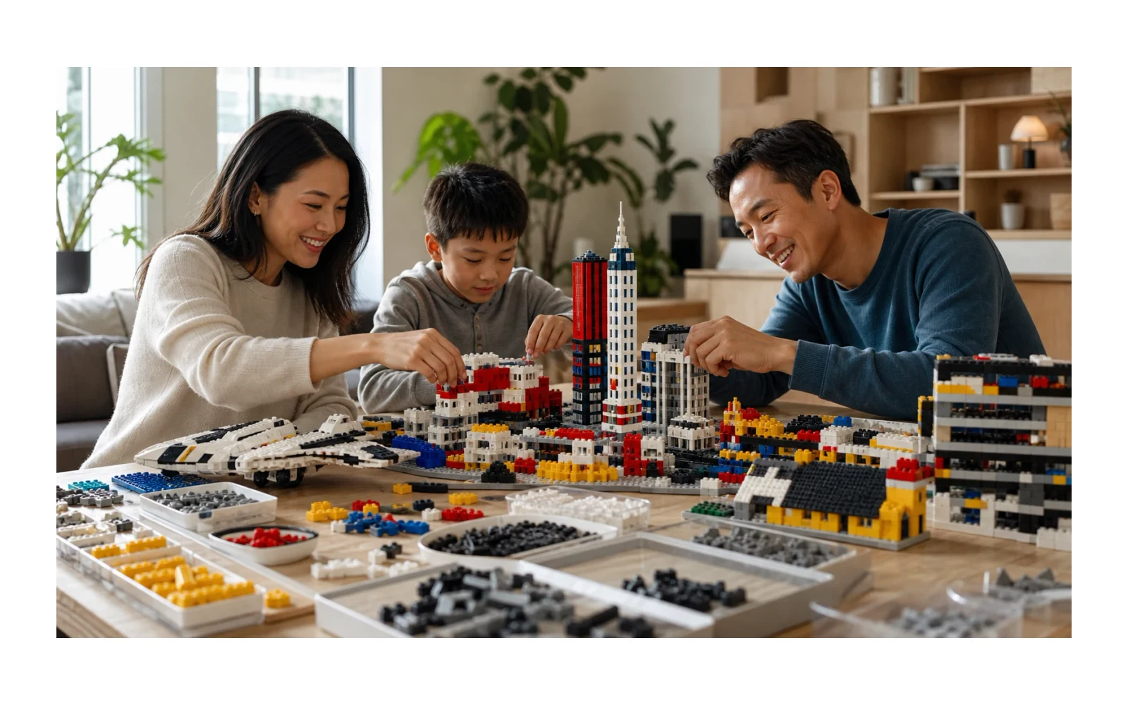 Editorial illustration of a family building with interlocking toy bricks