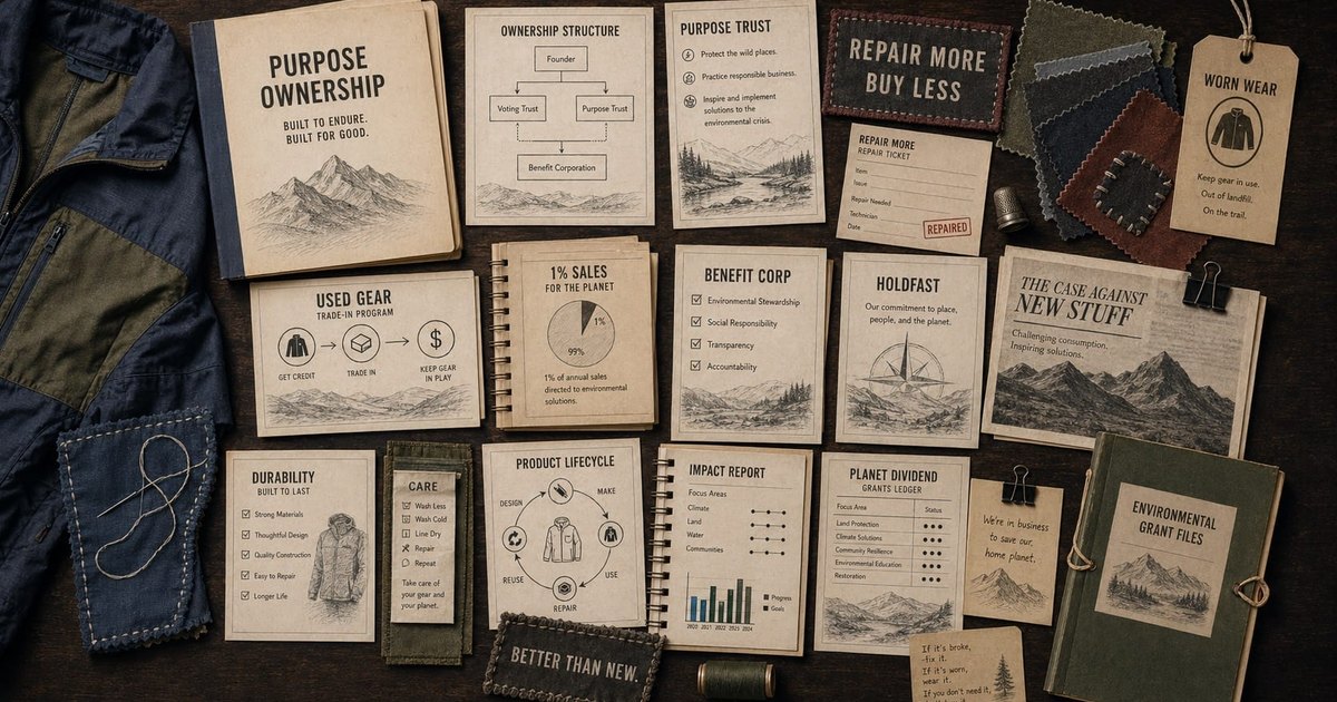 Premium editorial archive still-life of a Patagonia purpose ownership case board with repaired jacket panels, stitch samples, Worn Wear tag, used gear forms, purpose trust diagram, 1 percent sales pledge note, benefit corporation file, durability checklist, impact report, environmental grant files, and anti-consumption campaign clipping