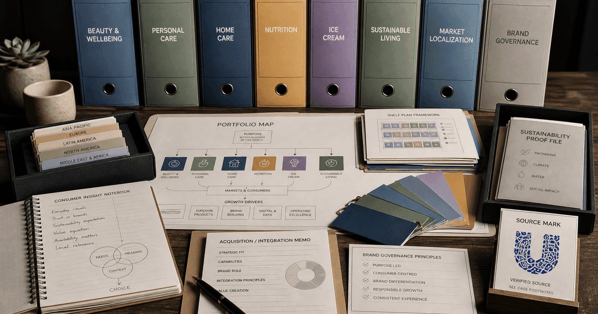 Premium editorial archive still-life for the Unilever case with beauty and wellbeing, personal care, home care, nutrition, ice cream, sustainable living, localization, and brand governance folders