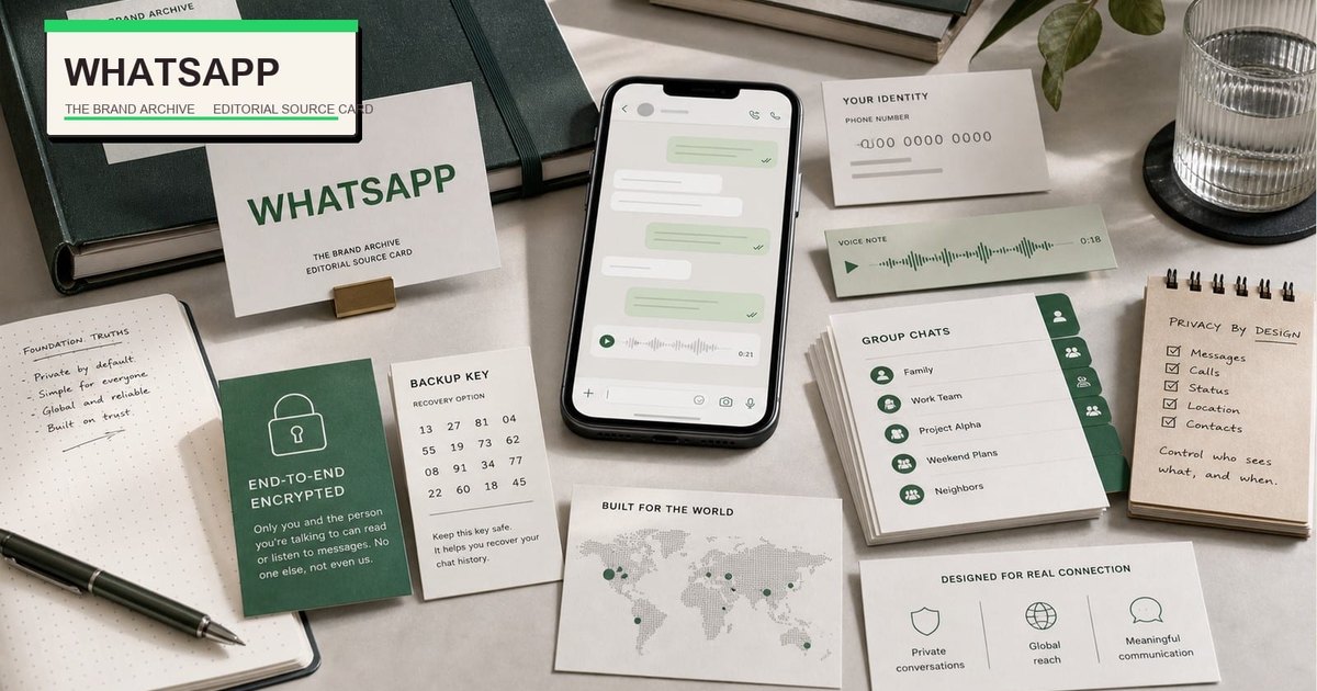 Premium editorial archive still-life of a WhatsApp private messaging encryption case with WhatsApp source-mark card, generic smartphone, abstract chat bubbles, phone-number identity cards, lock card, backup key card, voice-note waveform, group chat tabs, contact map, and privacy notes