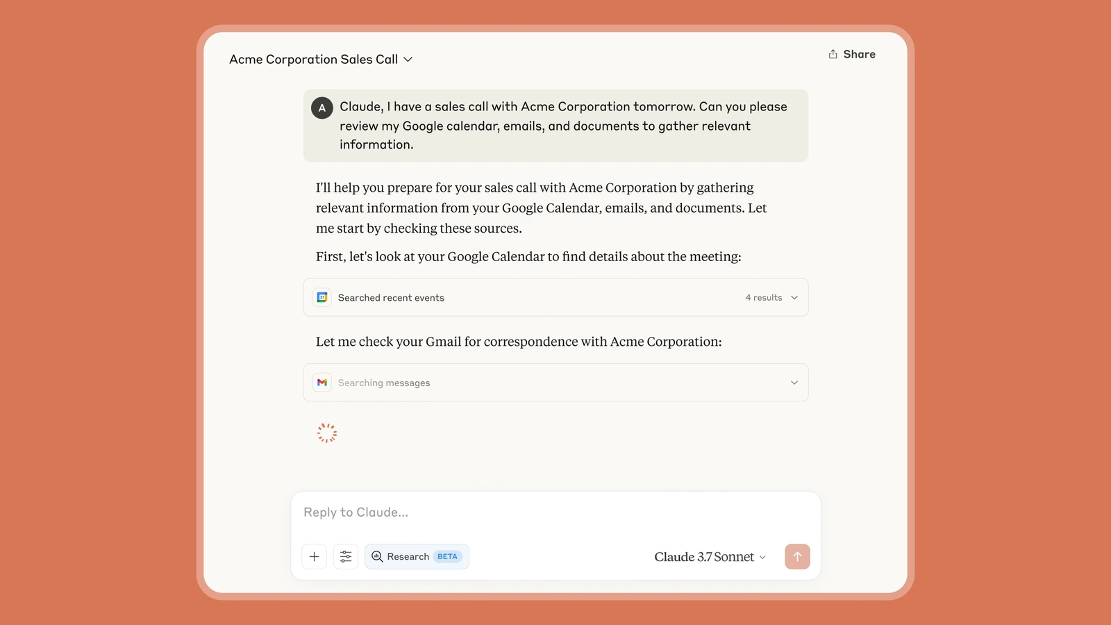 Official Claude Research screenshot showing Google Workspace interaction.