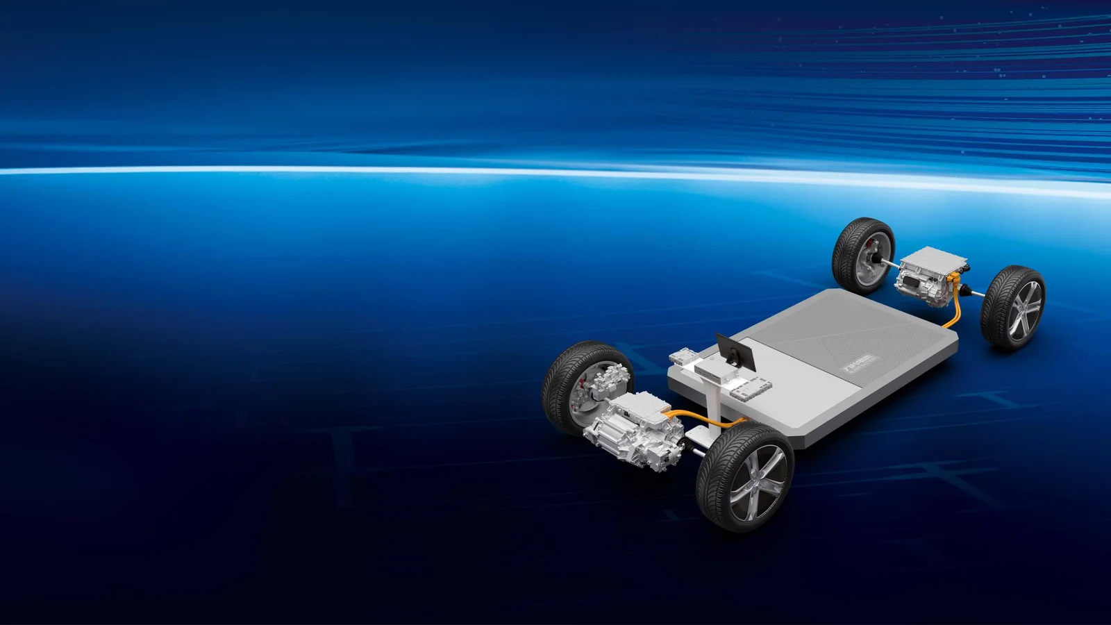 BYD electric-vehicle platform with battery pack, motors and chassis components.