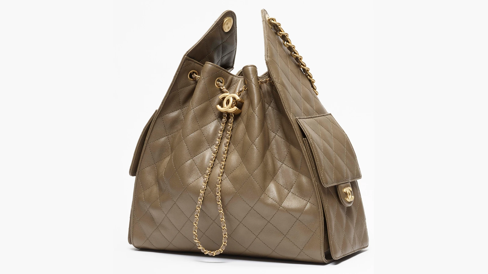 Chanel 25 handbag in dark khaki grained calfskin with quilting, chains and gold-tone double-C hardware.