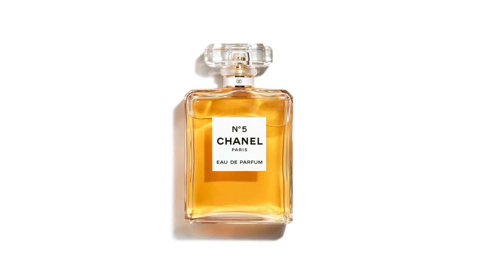 Official Chanel N°5 Eau de Parfum bottle with rectangular label and faceted stopper.